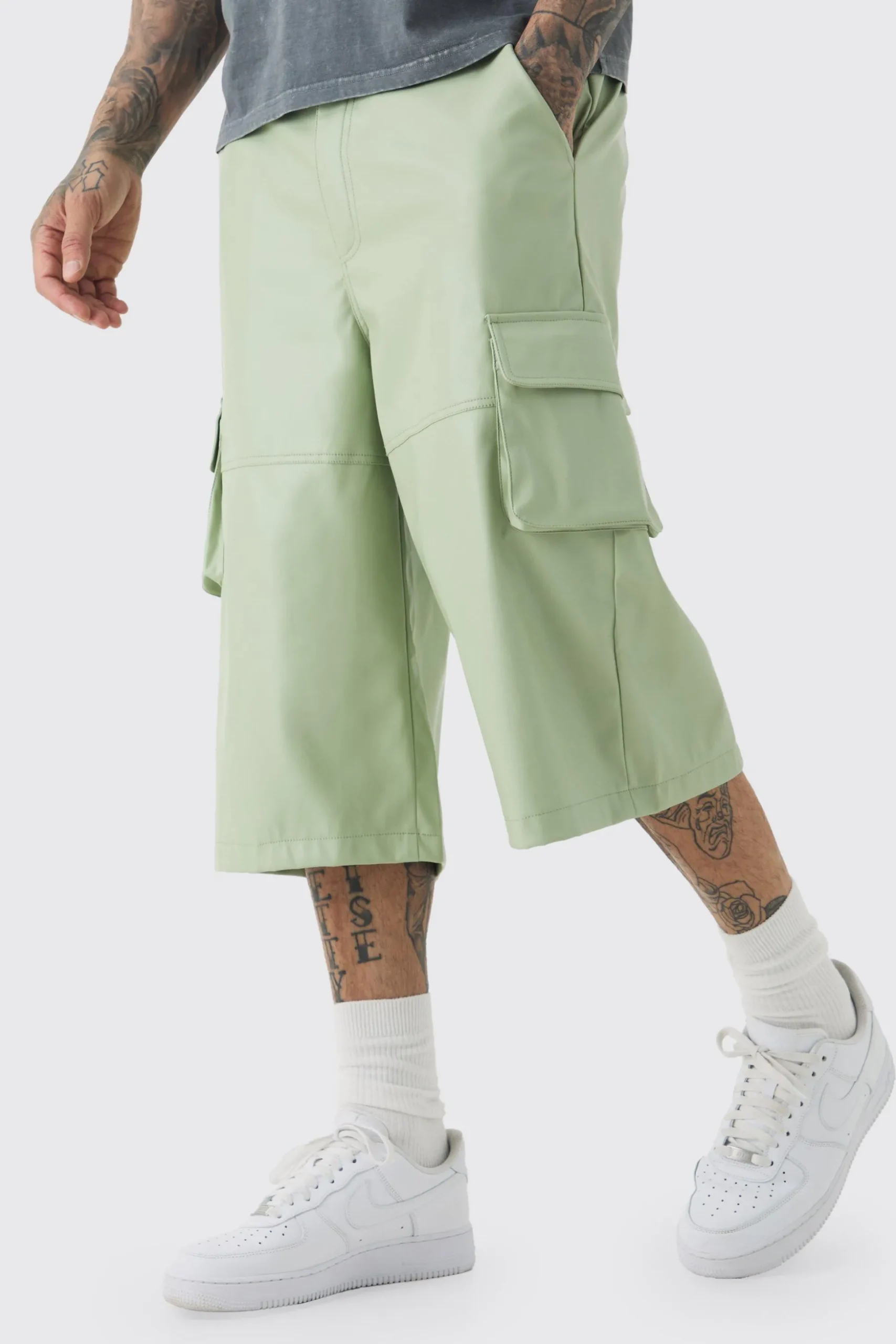 Tall Fixed Waist PU Panels Cargo Jorts | BoohooMAN UK