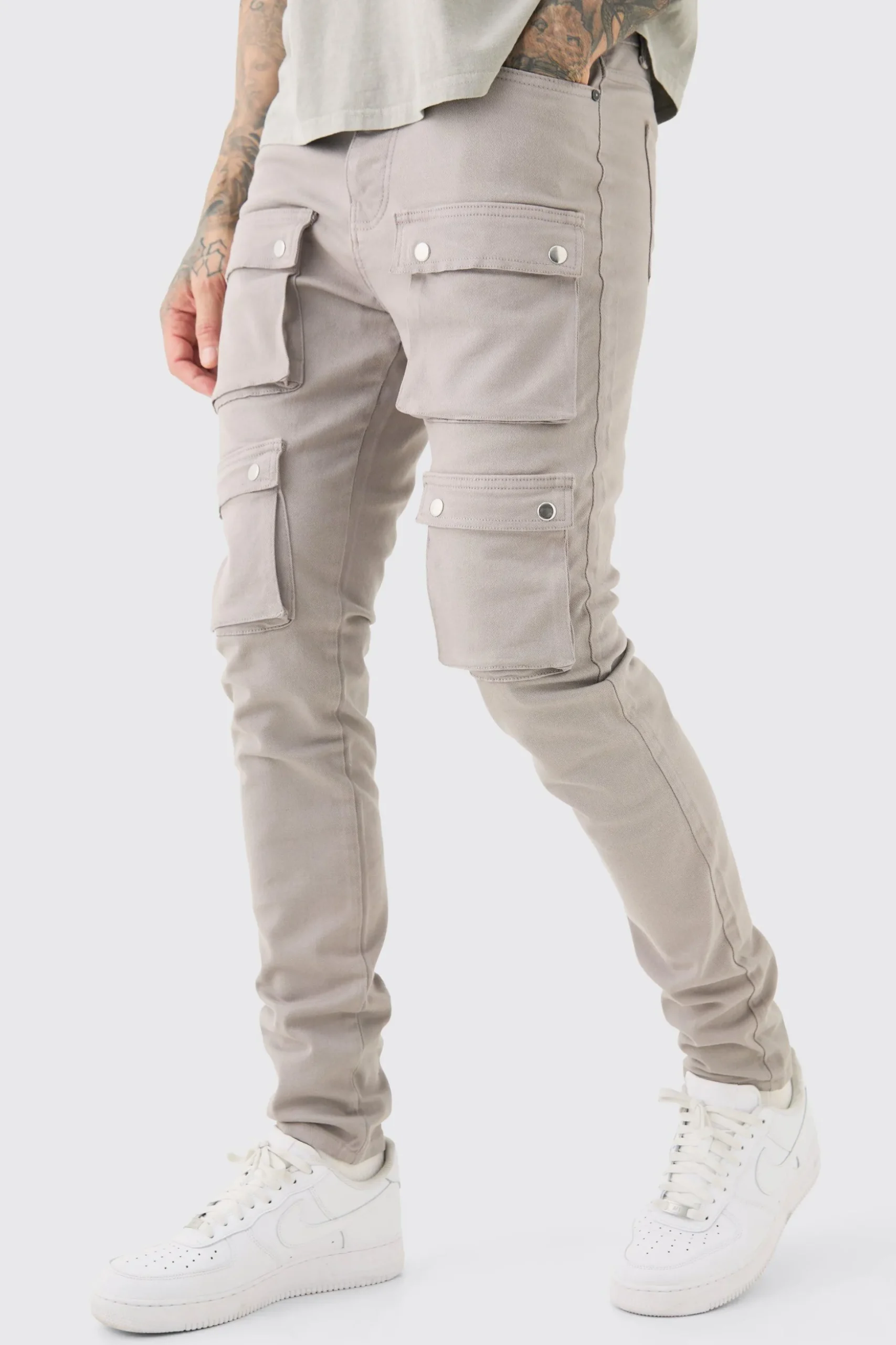 Tall Fixed Waist Skinny Multi Cargo Pocket Trouser | BoohooMAN UK