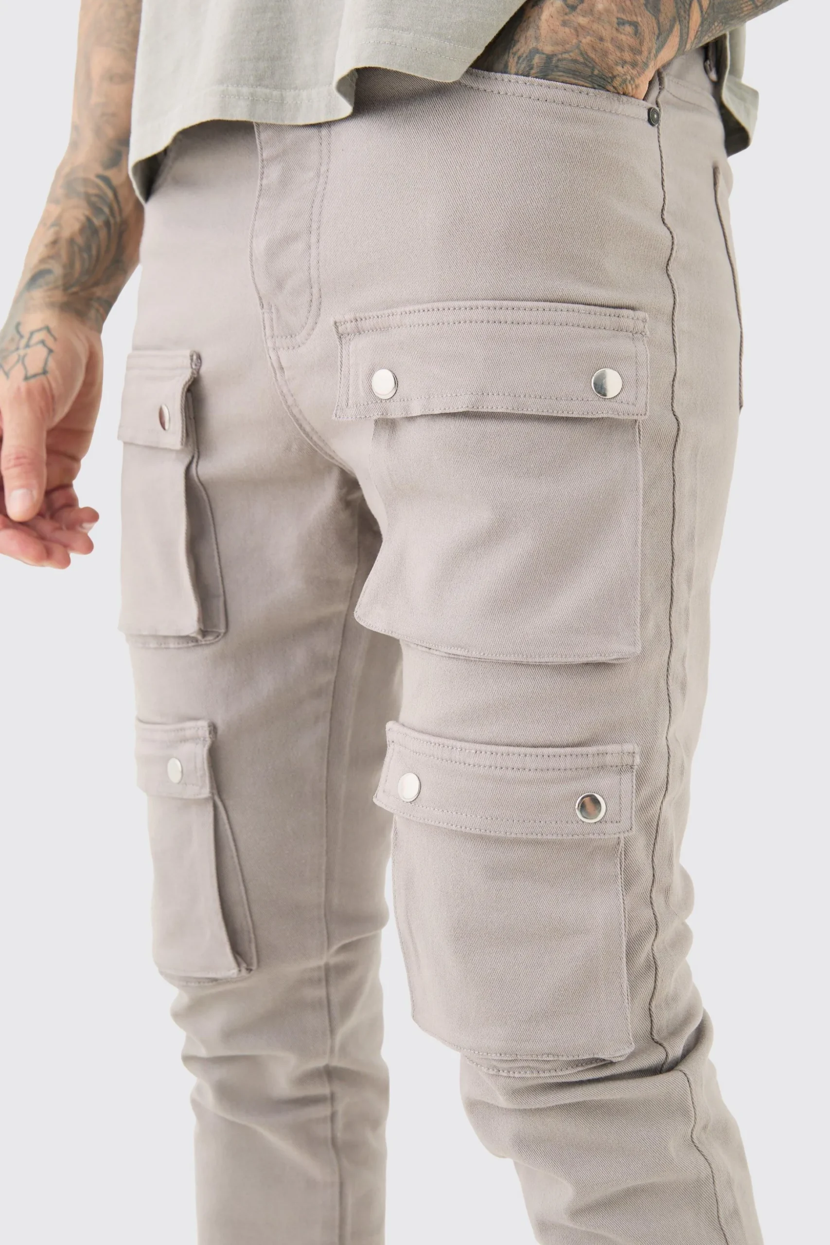 Tall Fixed Waist Skinny Multi Cargo Pocket Trouser | BoohooMAN UK