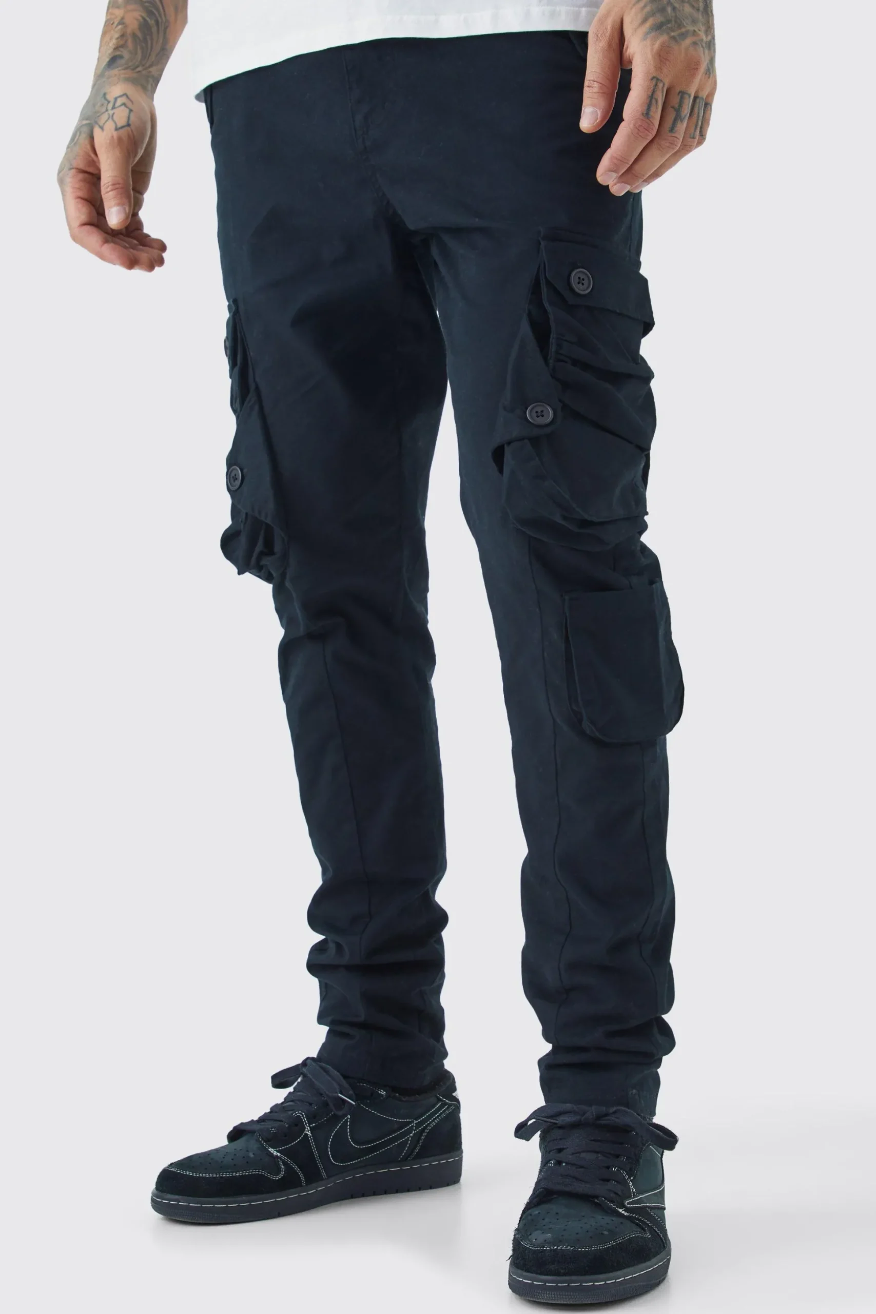 Tall Fixed Waist Skinny Stretch Twill Cargo Trouser | BoohooMAN UK