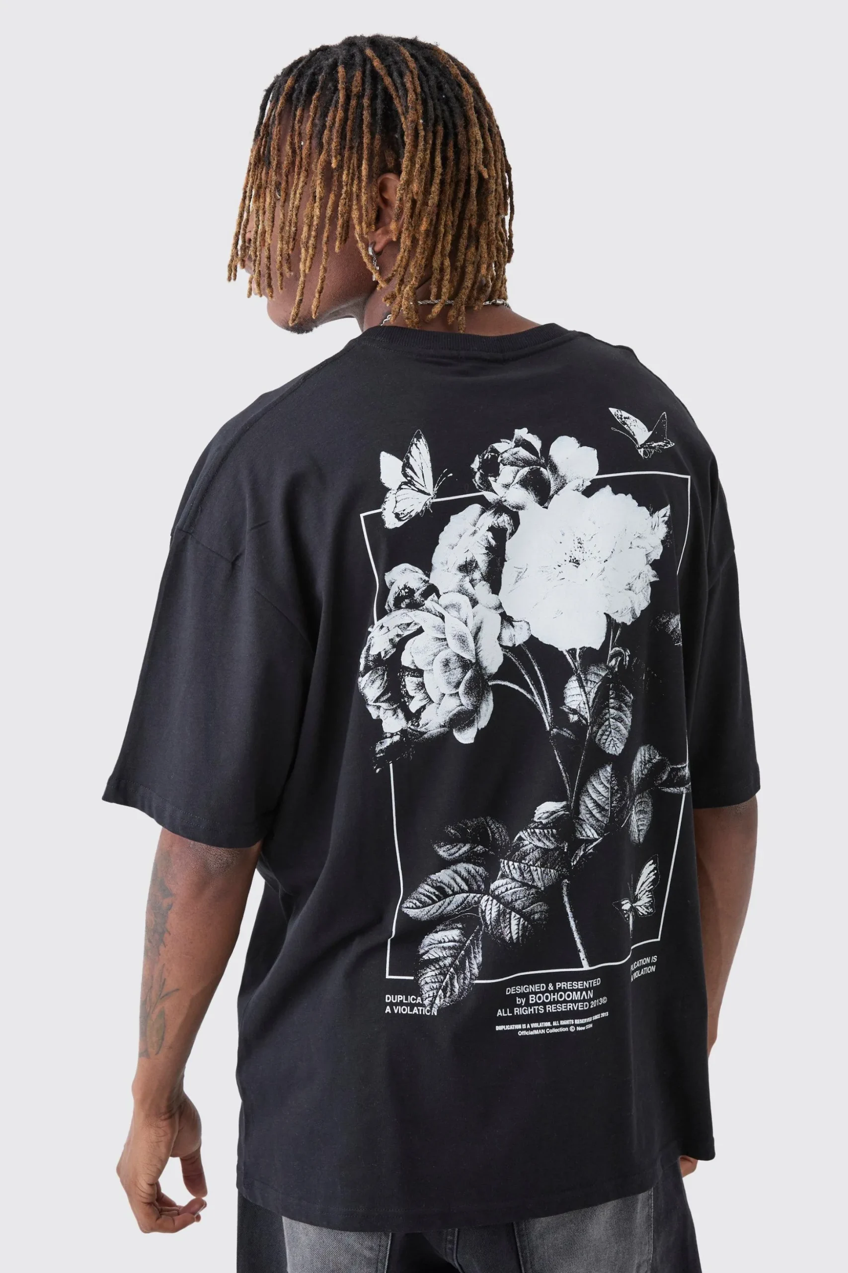 Tall Floral Butterfly Graphic Back Printed T-Shirt | BoohooMAN UK
