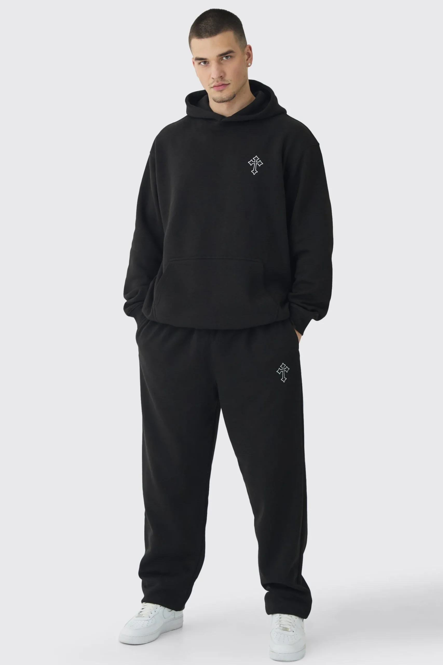 Tall Gothic Cross Embroidered Hooded Tracksuit | BoohooMAN UK