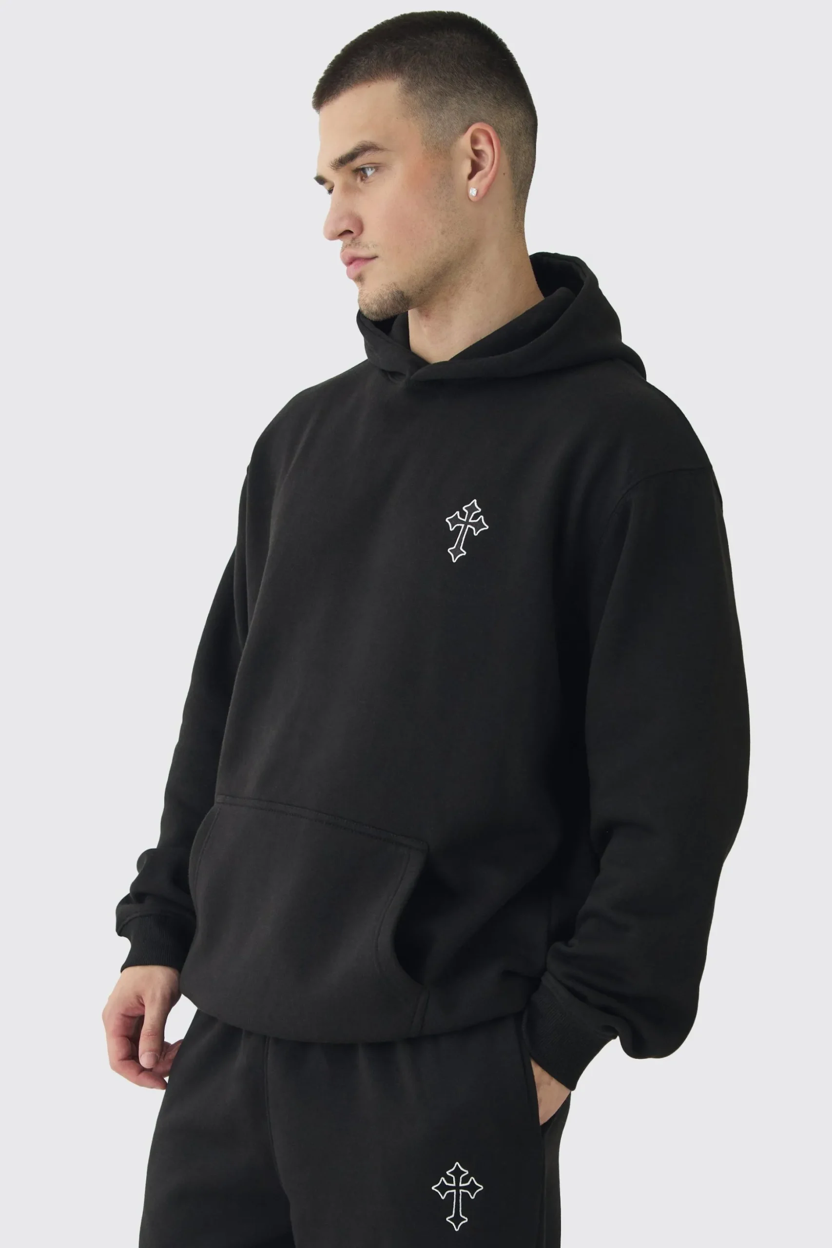 Tall Gothic Cross Embroidered Hooded Tracksuit | BoohooMAN UK
