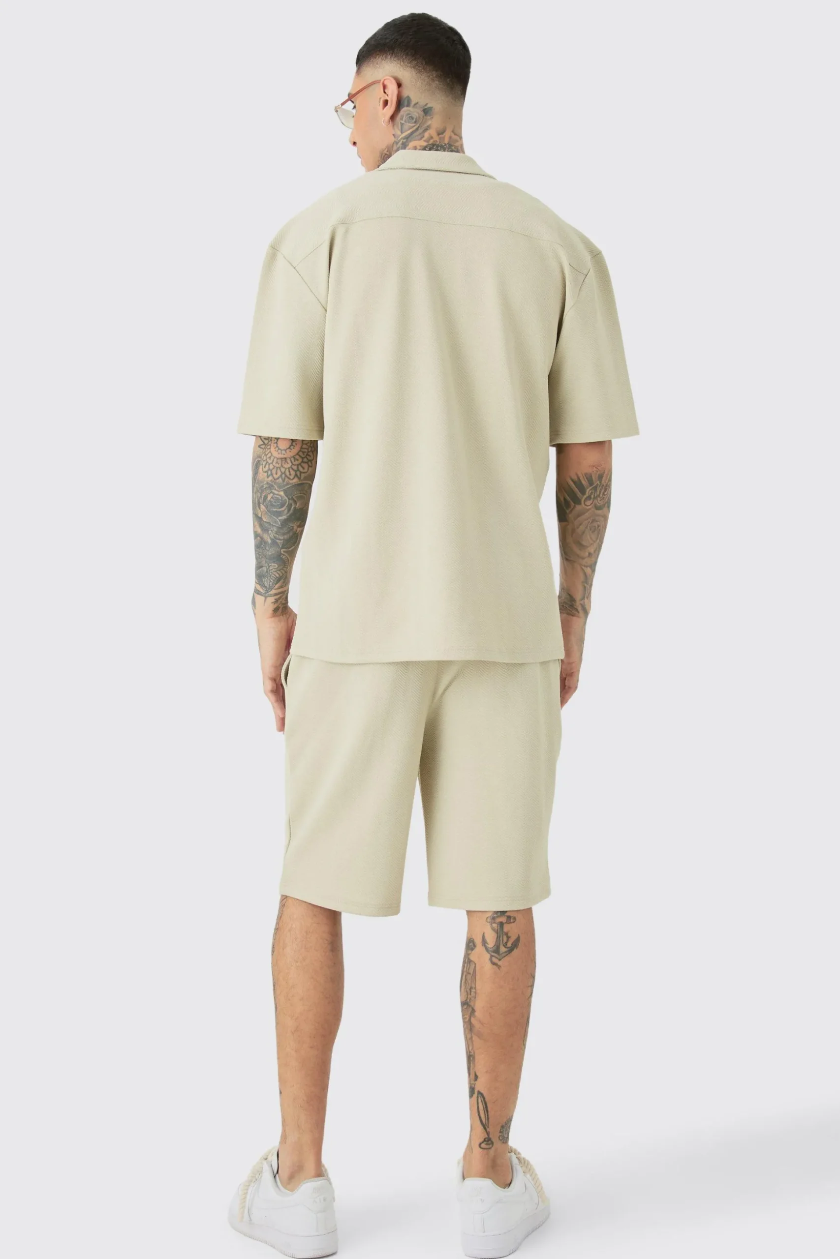 Tall Herringbone Detail Shirt & Short Set In Stone | BoohooMAN UK