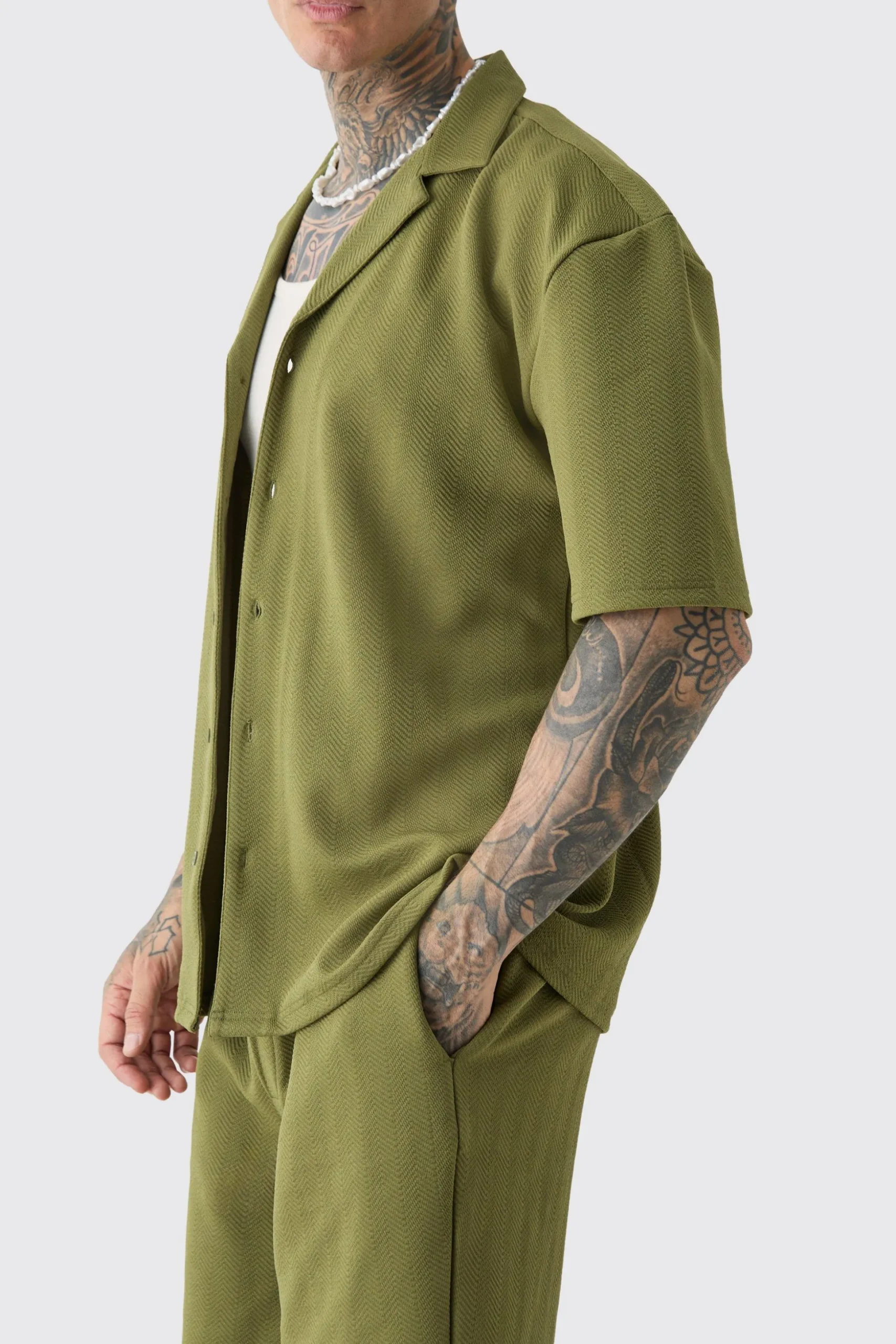 Tall Herringbone Detail Shirt & Short Set In Khaki | BoohooMAN UK