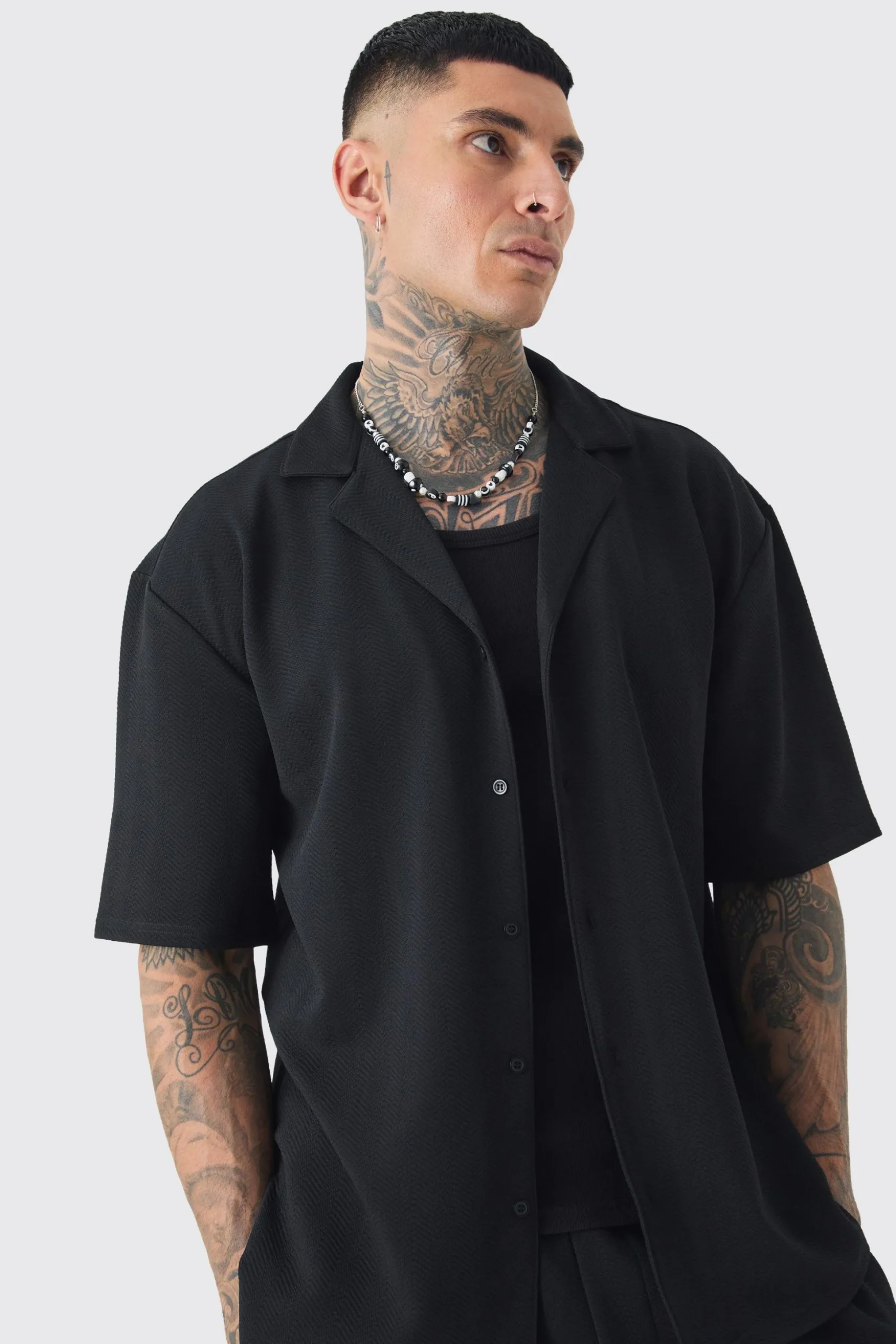 Tall Herringbone Detail Shirt & Short Set In Black | BoohooMAN UK