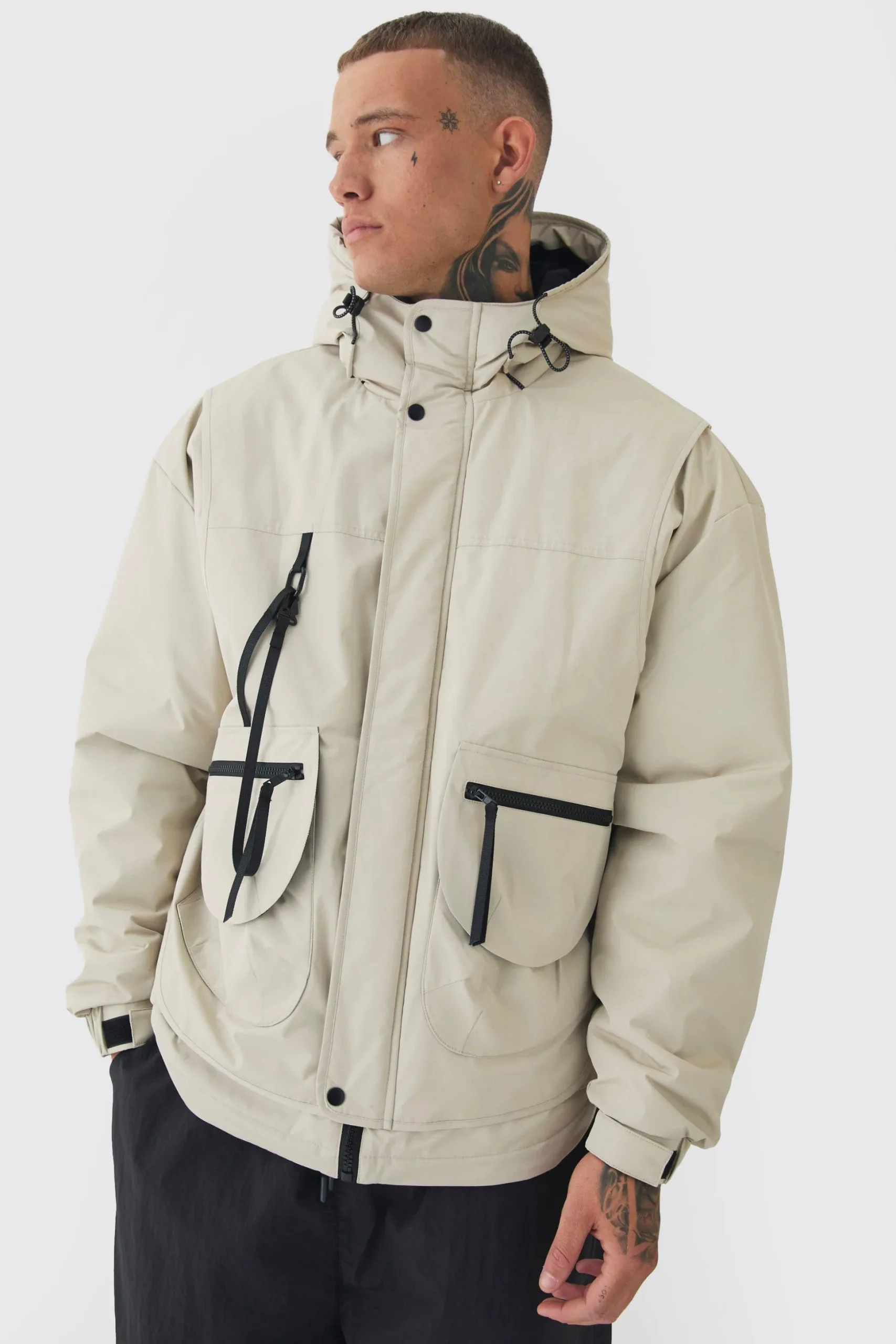 Tall Hooded Utility Tech Parka Jacket In Stone | BoohooMAN UK