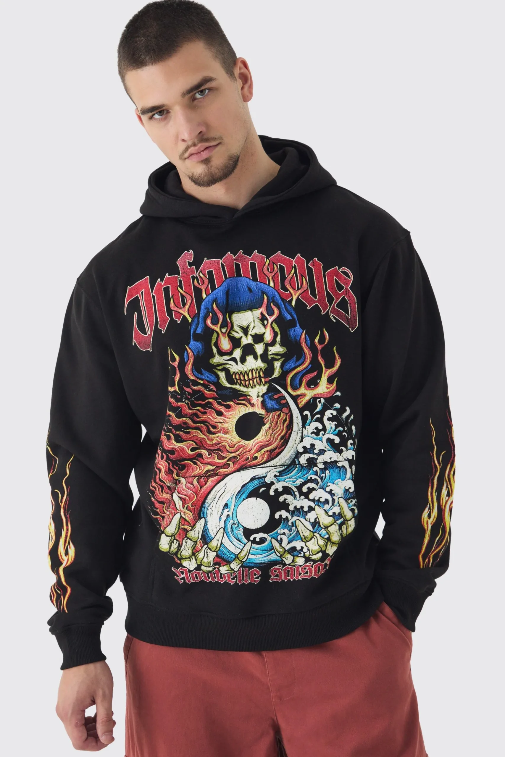 Tall Infamous Flame Print Oversized Hoodie In Black | BoohooMAN UK