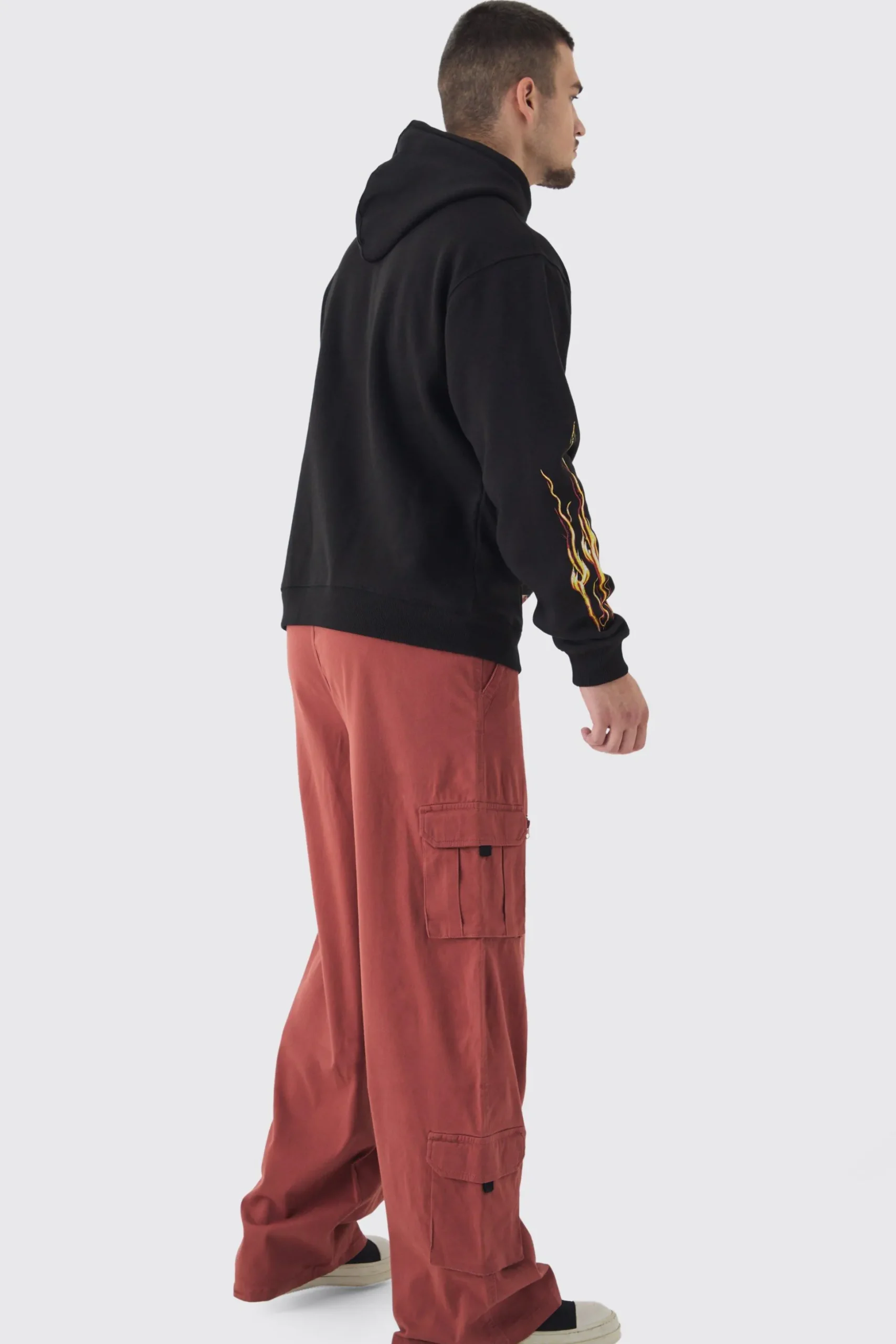 Tall Infamous Flame Print Oversized Hoodie In Black | BoohooMAN UK
