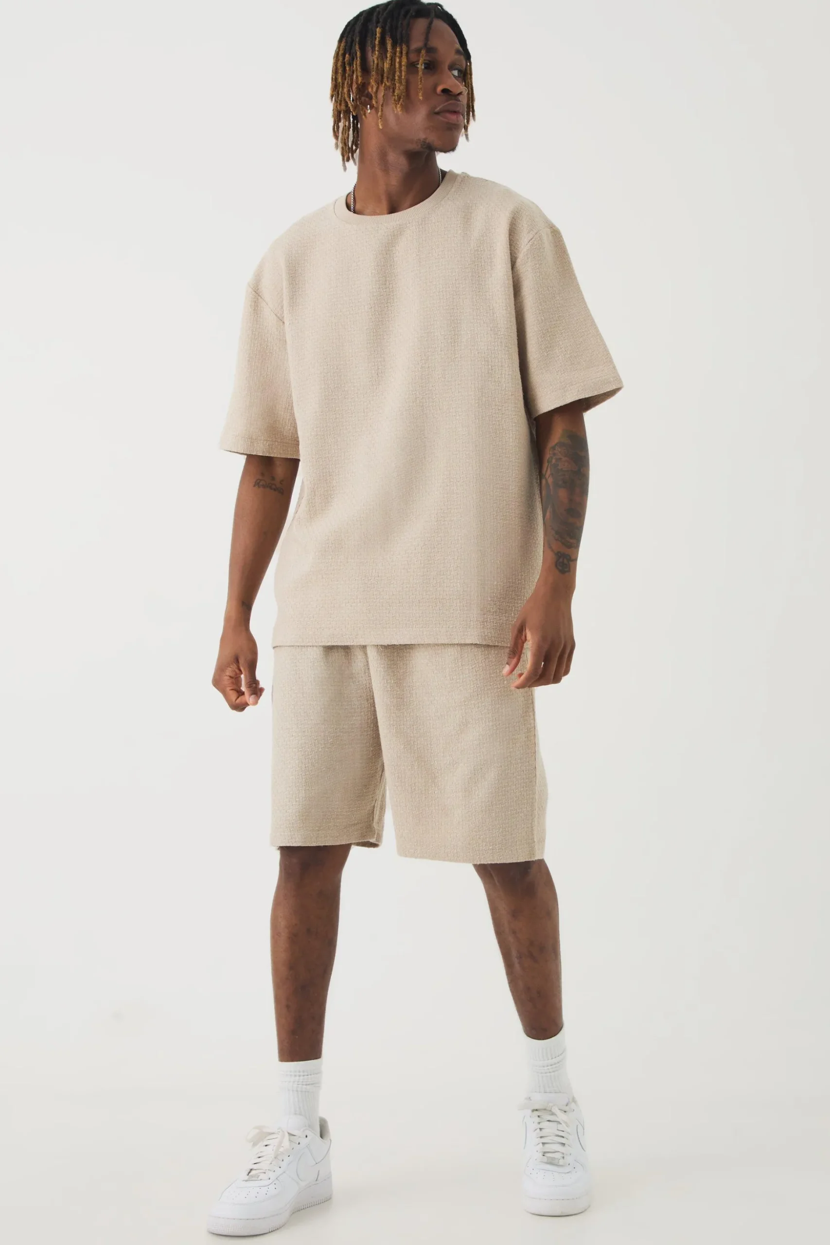 Tall Jacquard T-shirt & Relaxed Short | BoohooMAN UK