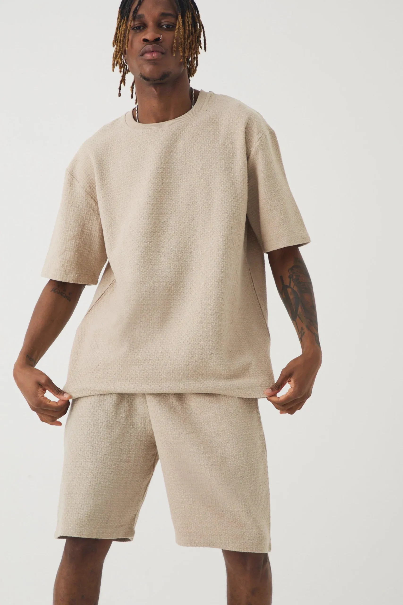 Tall Jacquard T-shirt & Relaxed Short | BoohooMAN UK