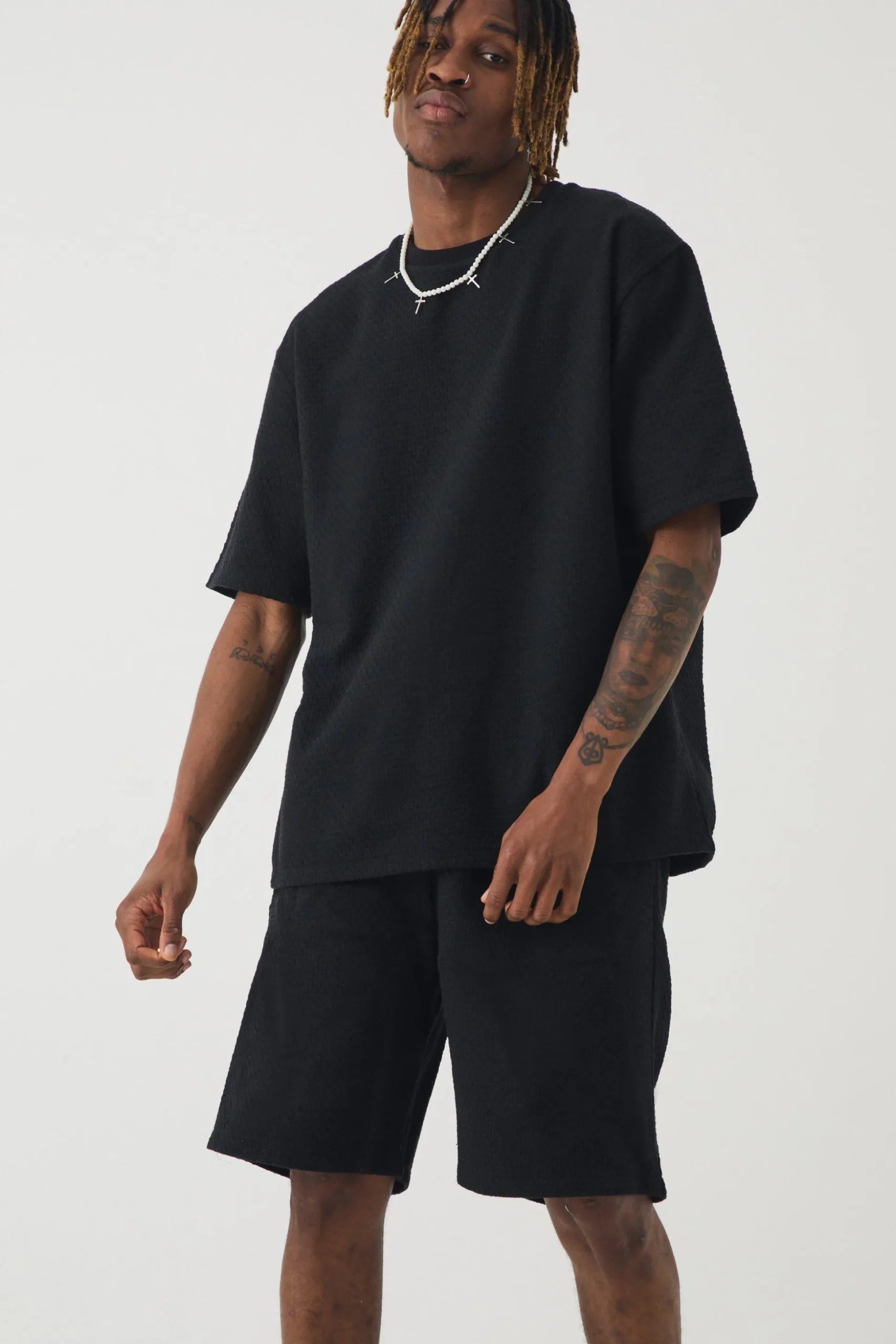 Tall Jacquard T-shirt & Relaxed Short Set | BoohooMAN UK