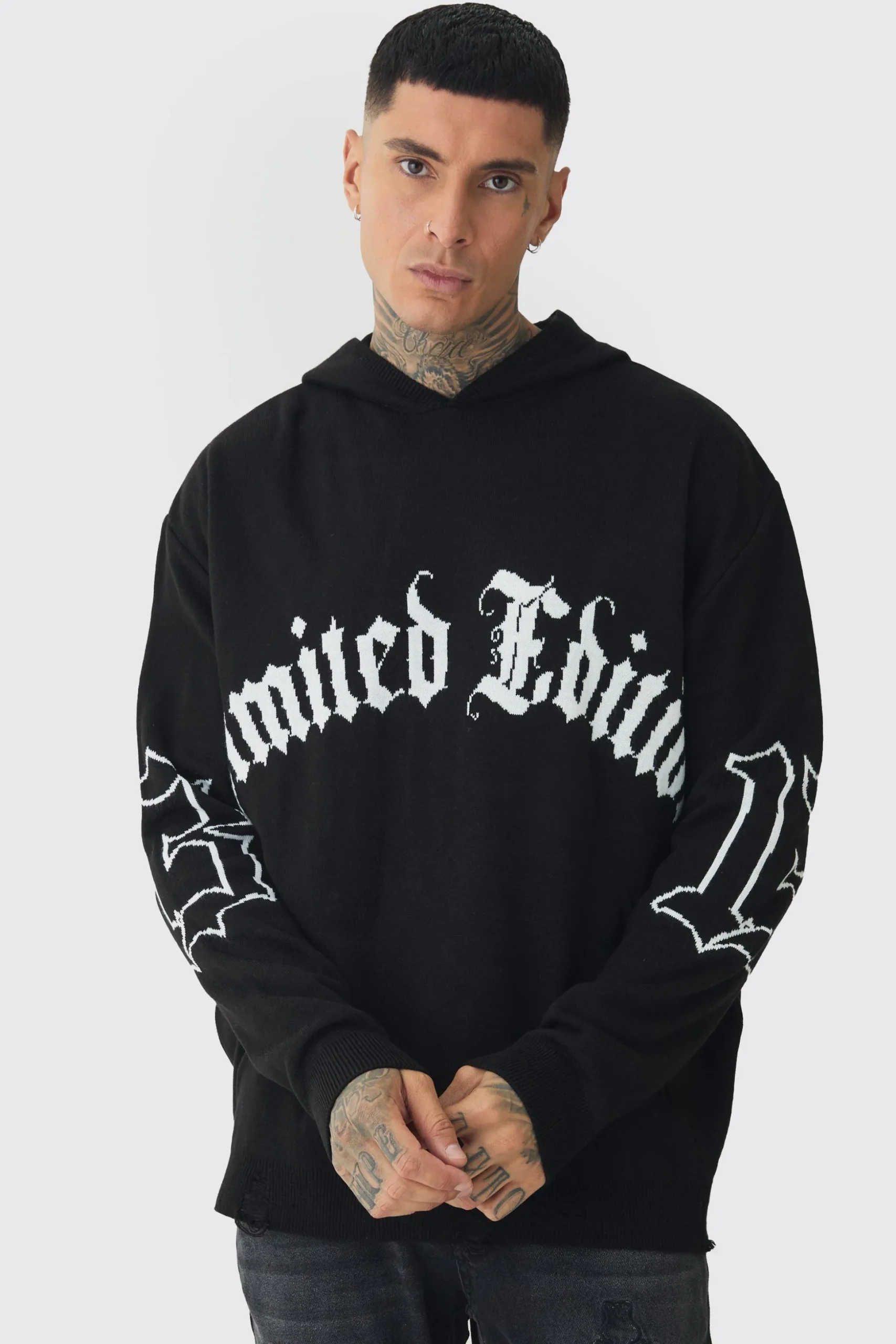 Tall Limited Edition Distressed Knitted Hoodie | BoohooMAN UK