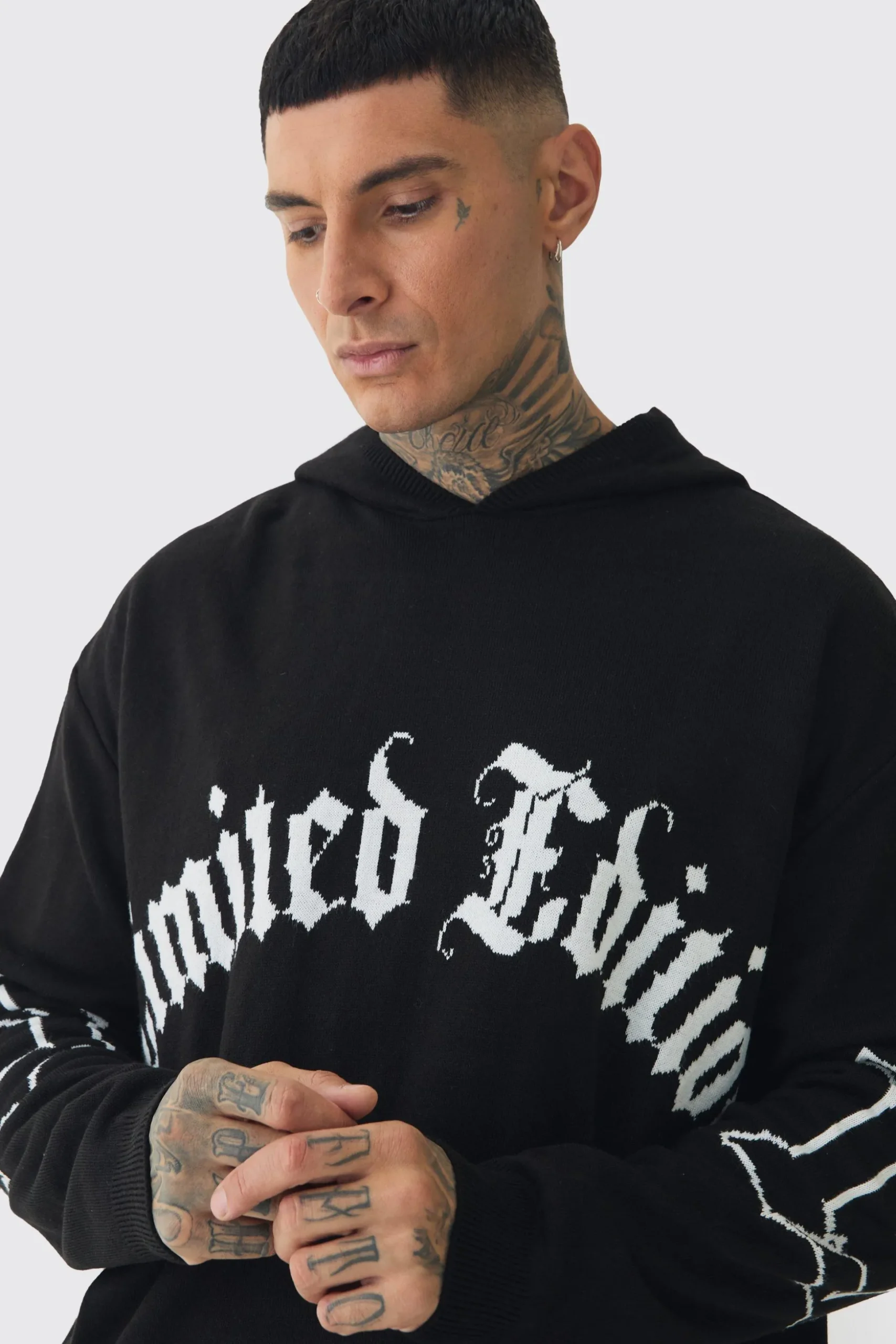 Tall Limited Edition Distressed Knitted Hoodie | BoohooMAN UK