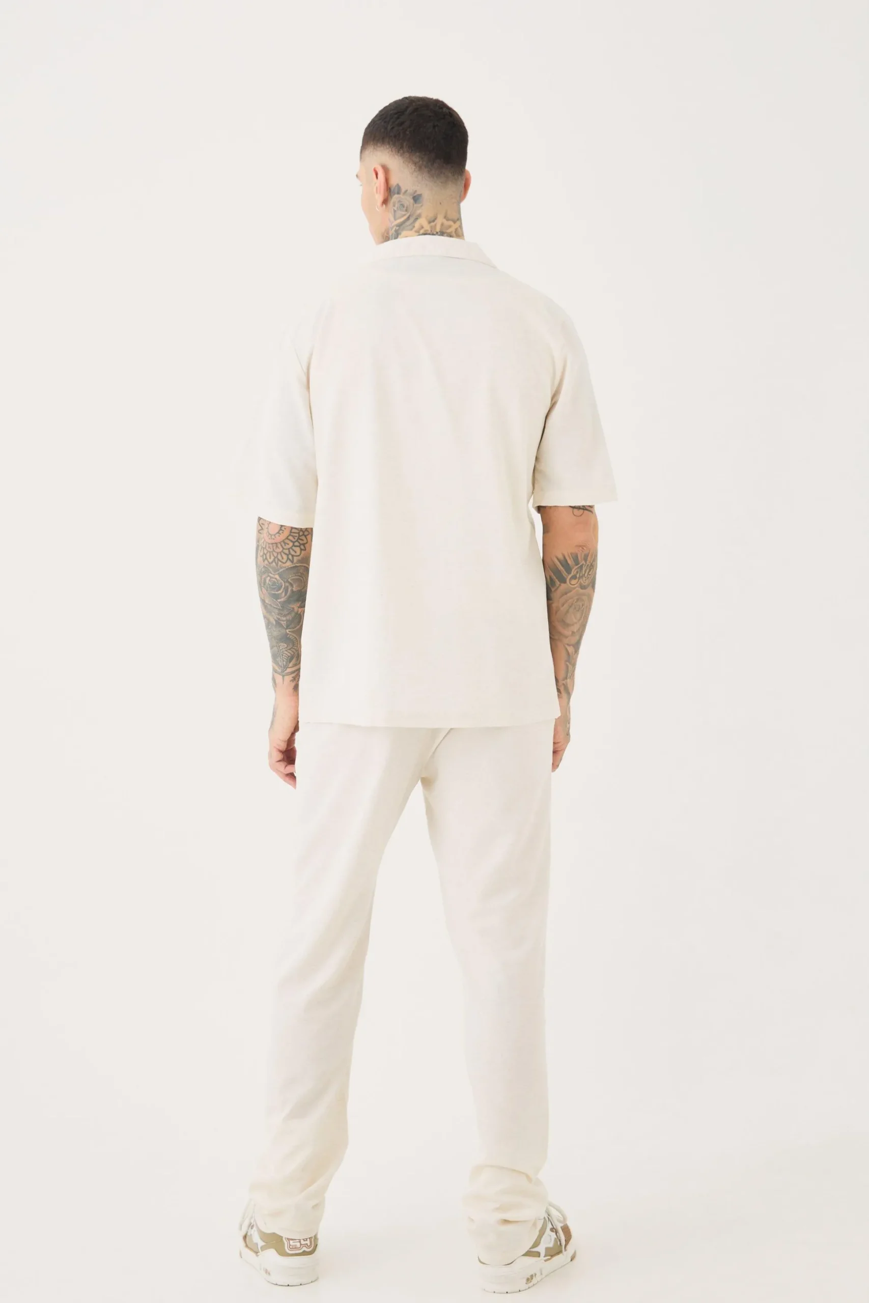 Tall Linen Embroidered Drop Revere Shirt In Natural | BoohooMAN UK