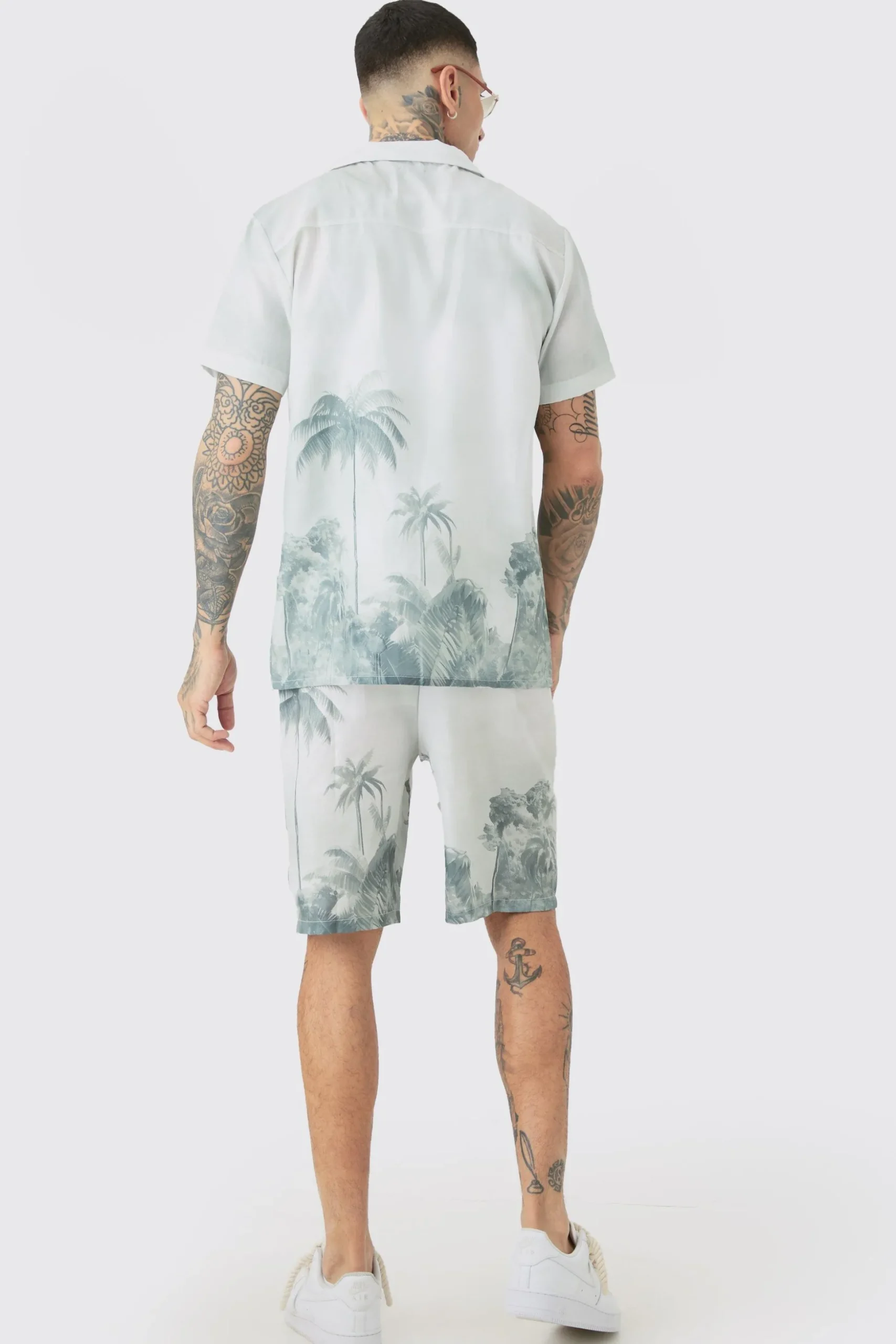 Tall Linen Look Watercolour Landscape Shirt & Short Set | BoohooMAN UK