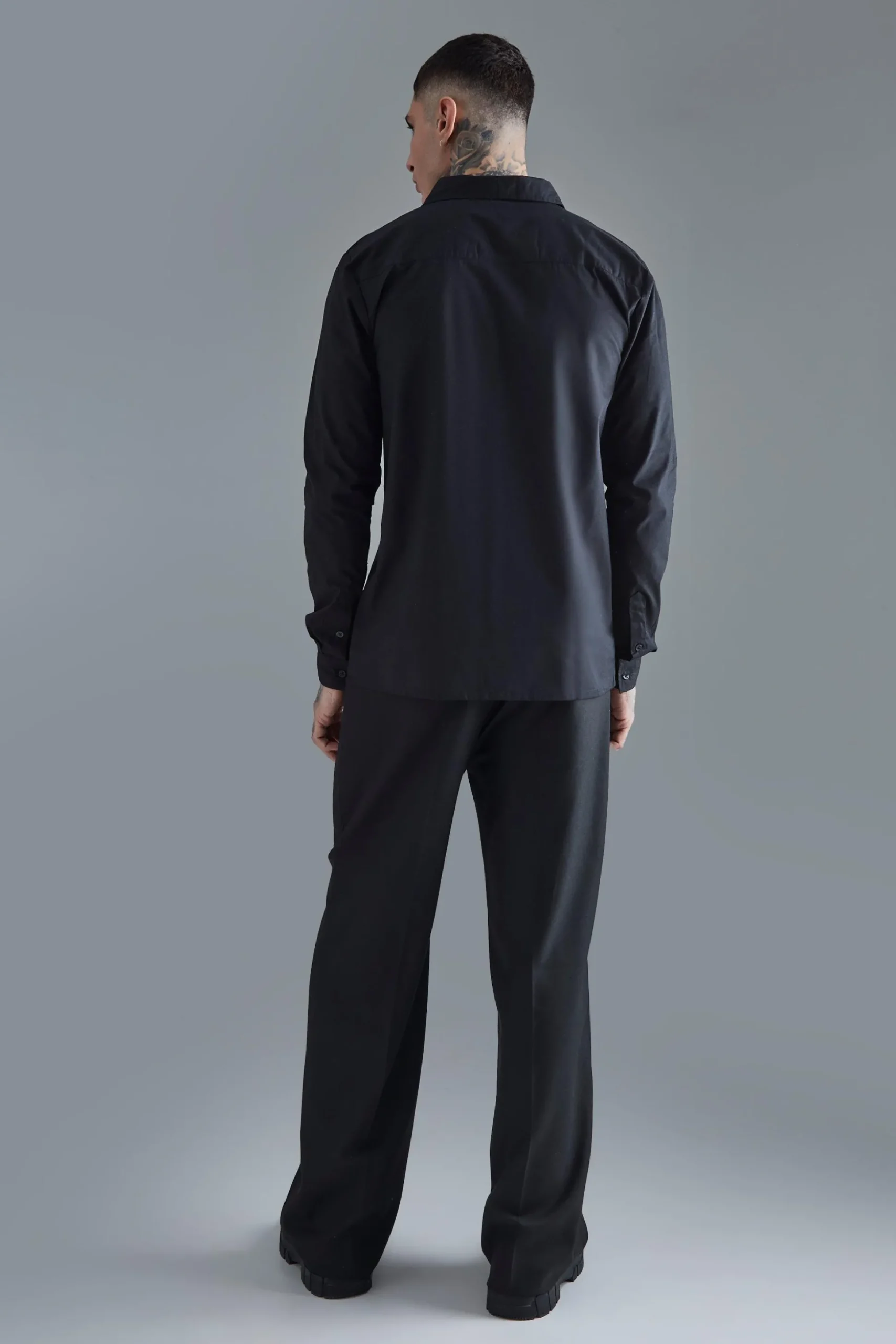 Tall Longsleeve Drop Revere Poplin Panel Shirt | BoohooMAN UK
