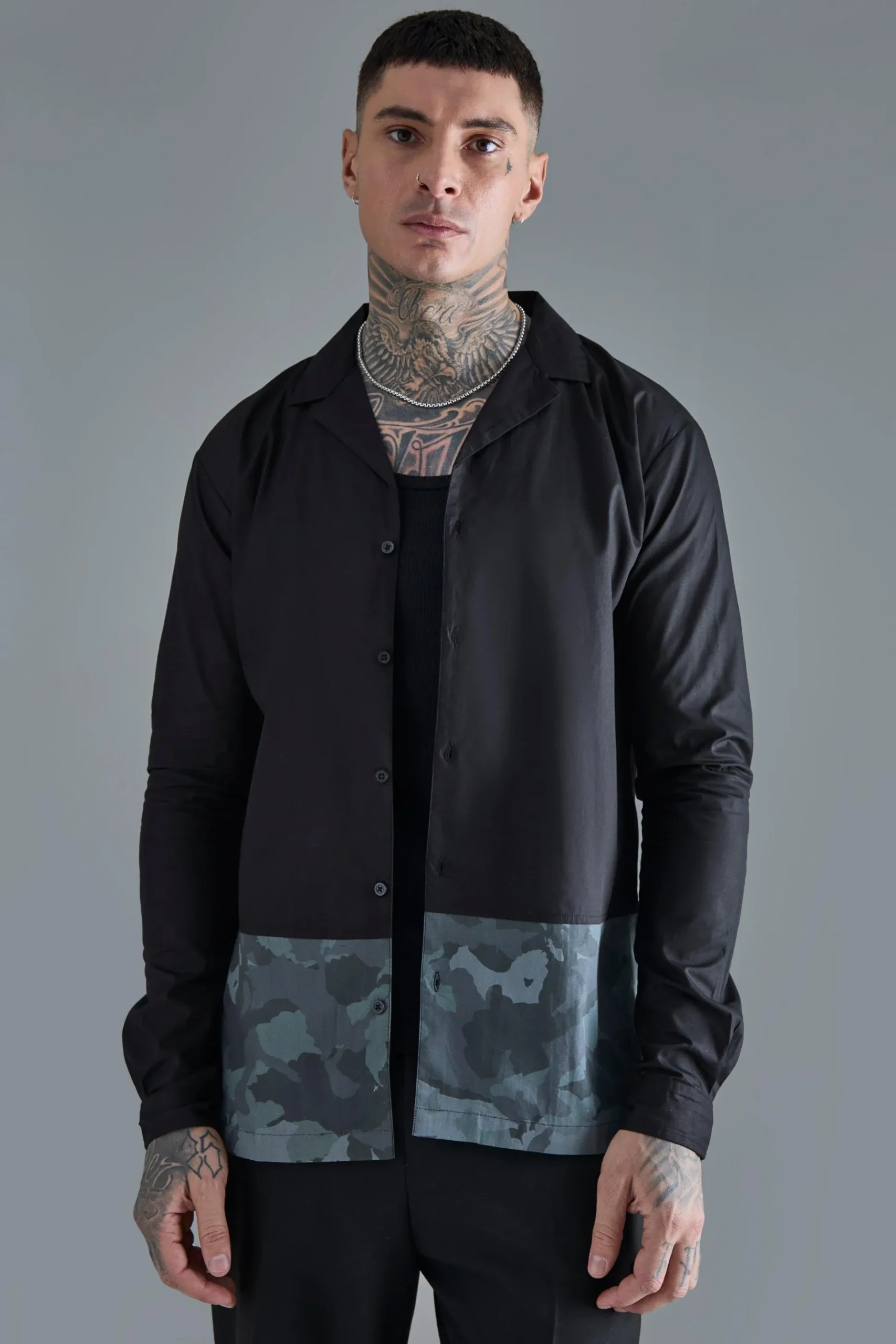 Tall Longsleeve Drop Revere Poplin Camouflage Print Shirt | BoohooMAN UK