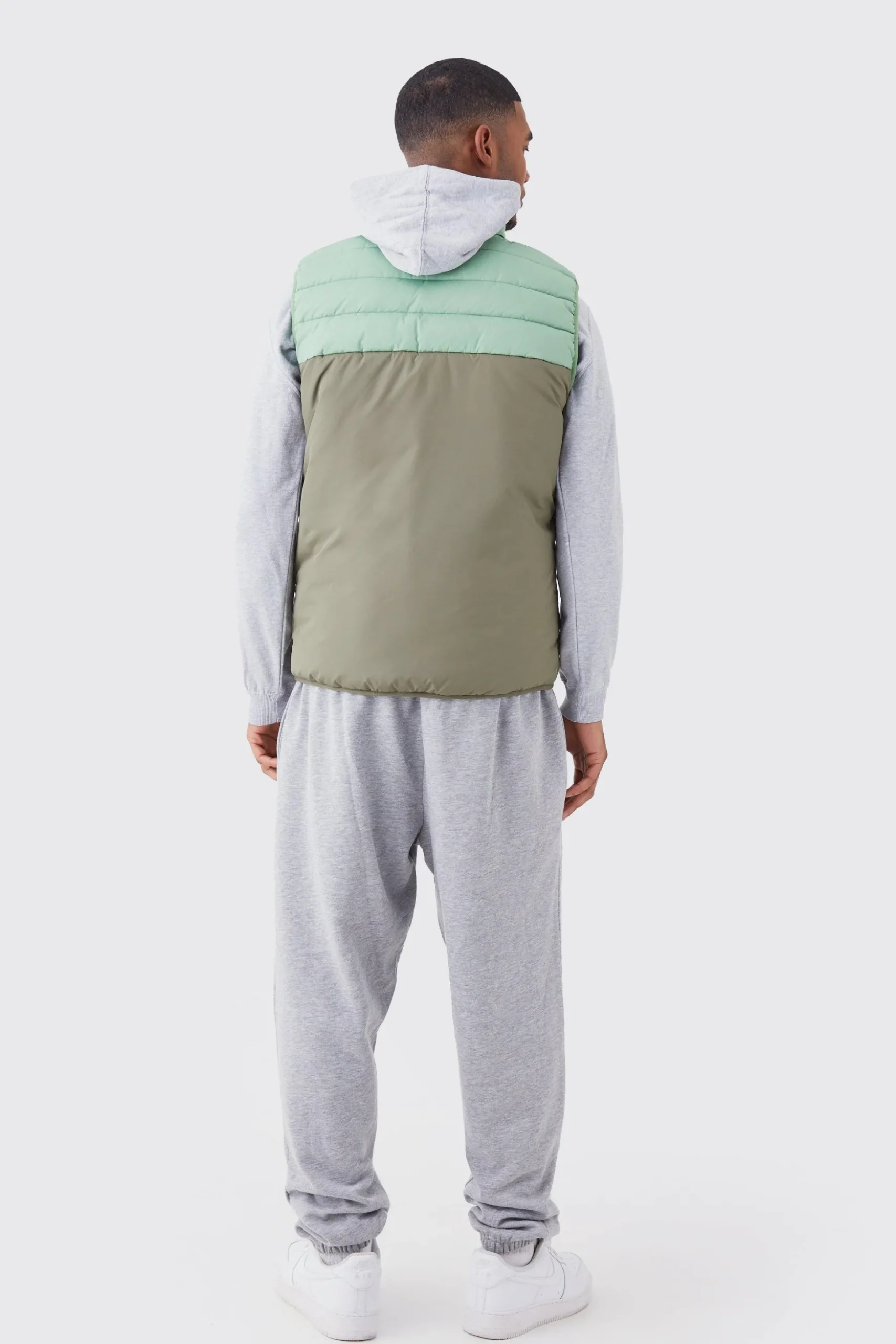 Tall Man Colour Block Quilted Funnel Neck Gilet | BoohooMAN UK
