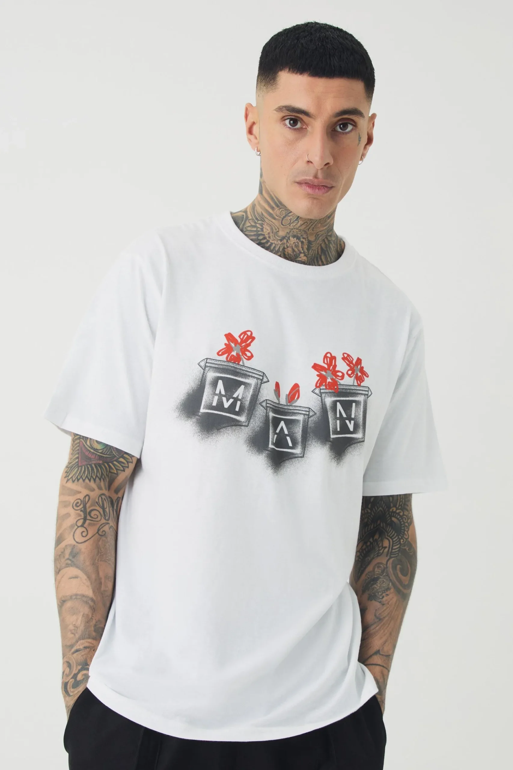 Tall Man Doodle Print Floral Print T-shirt | BoohooMAN UK