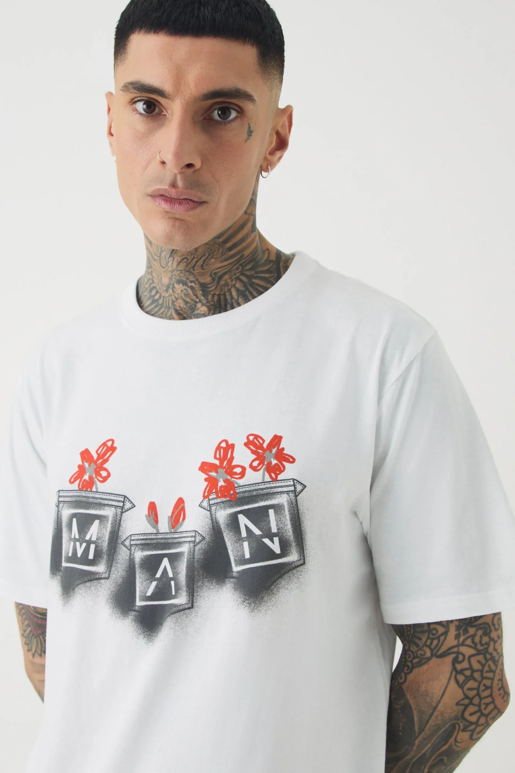Tall Man Doodle Print Floral Print T-shirt | BoohooMAN UK