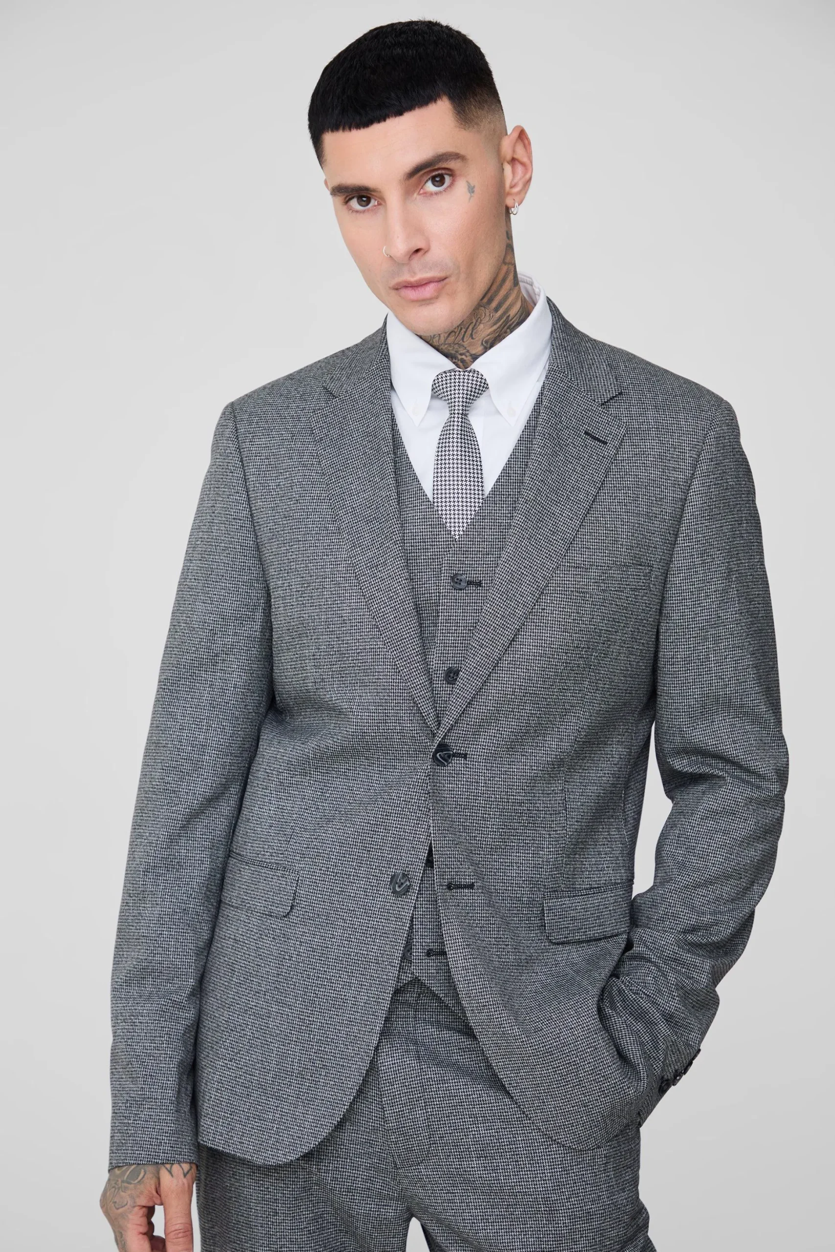 Tall Mini Dogtooth Single Breasted Slim Fit Suit Jacket | BoohooMAN UK