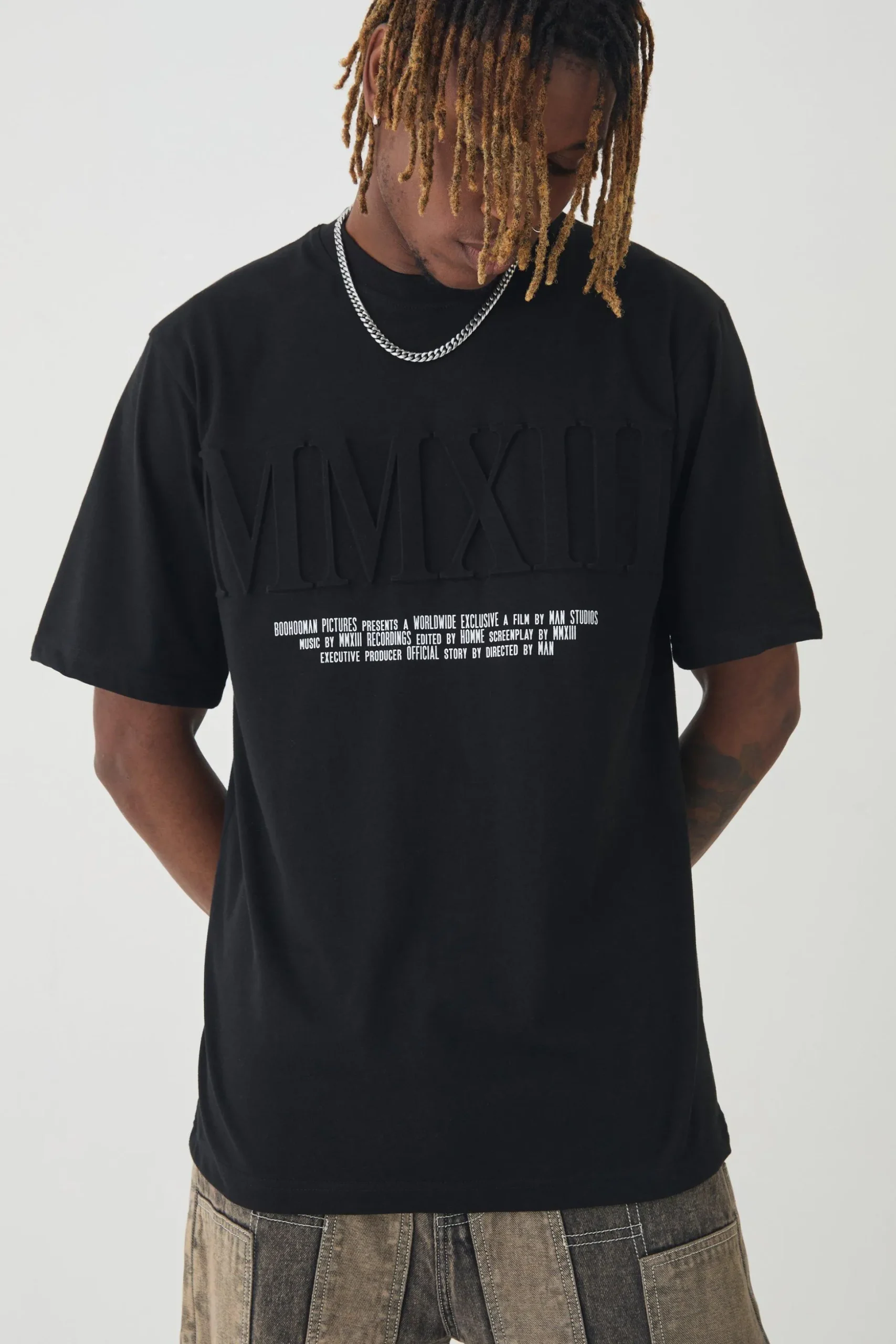 Tall MMXIII Debossed T-shirt In Black | BoohooMAN UK