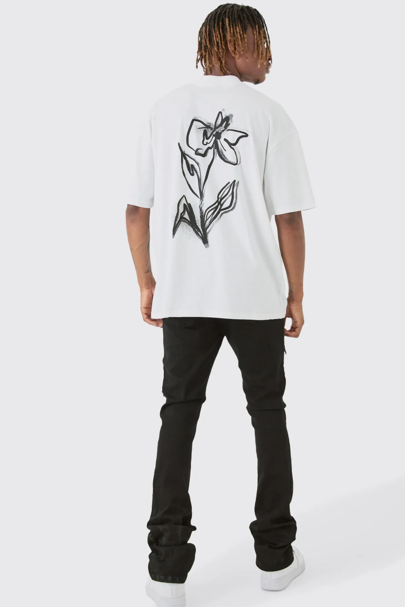 Tall Mono Floral Back Print T-shirt In White | BoohooMAN UK
