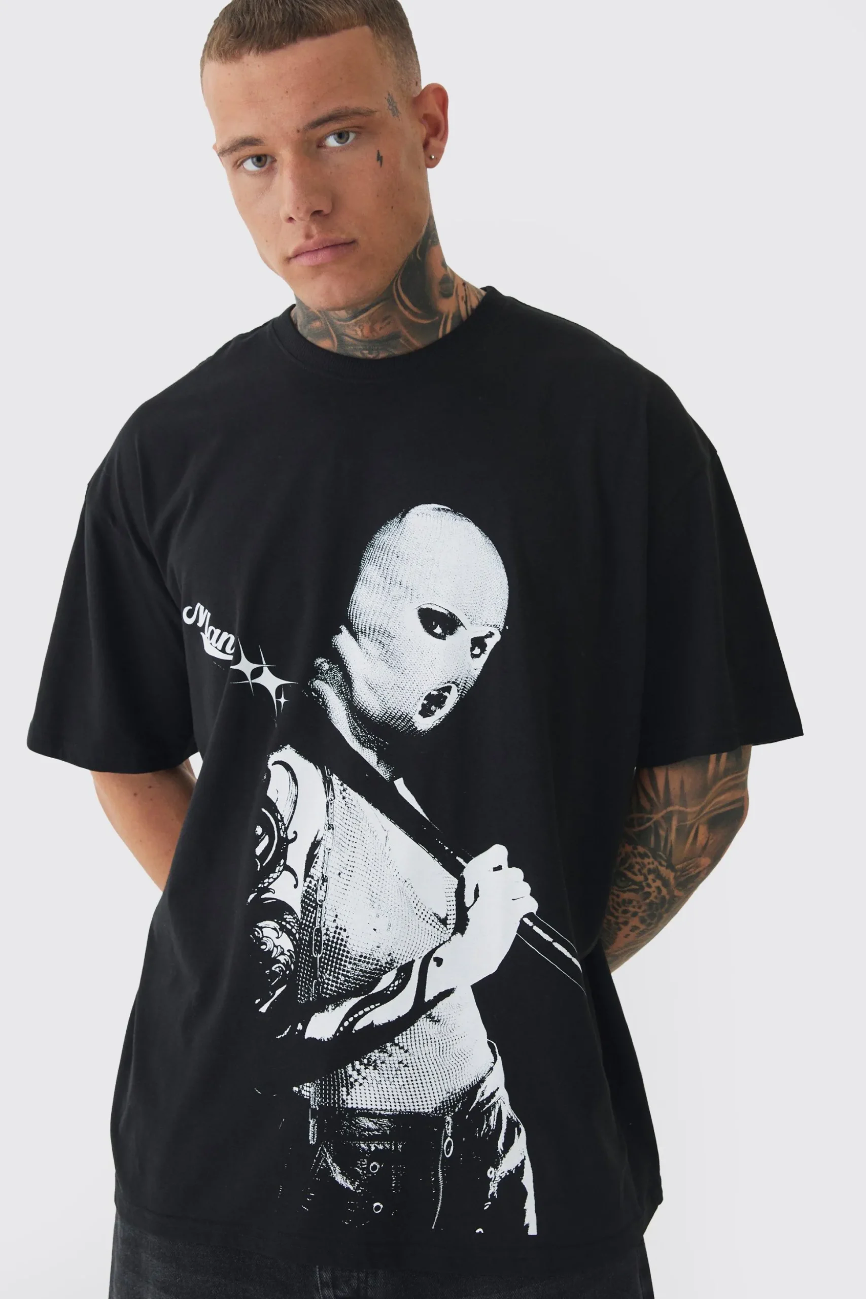Tall Mono Man Balaclava T-shirt In Black | BoohooMAN UK