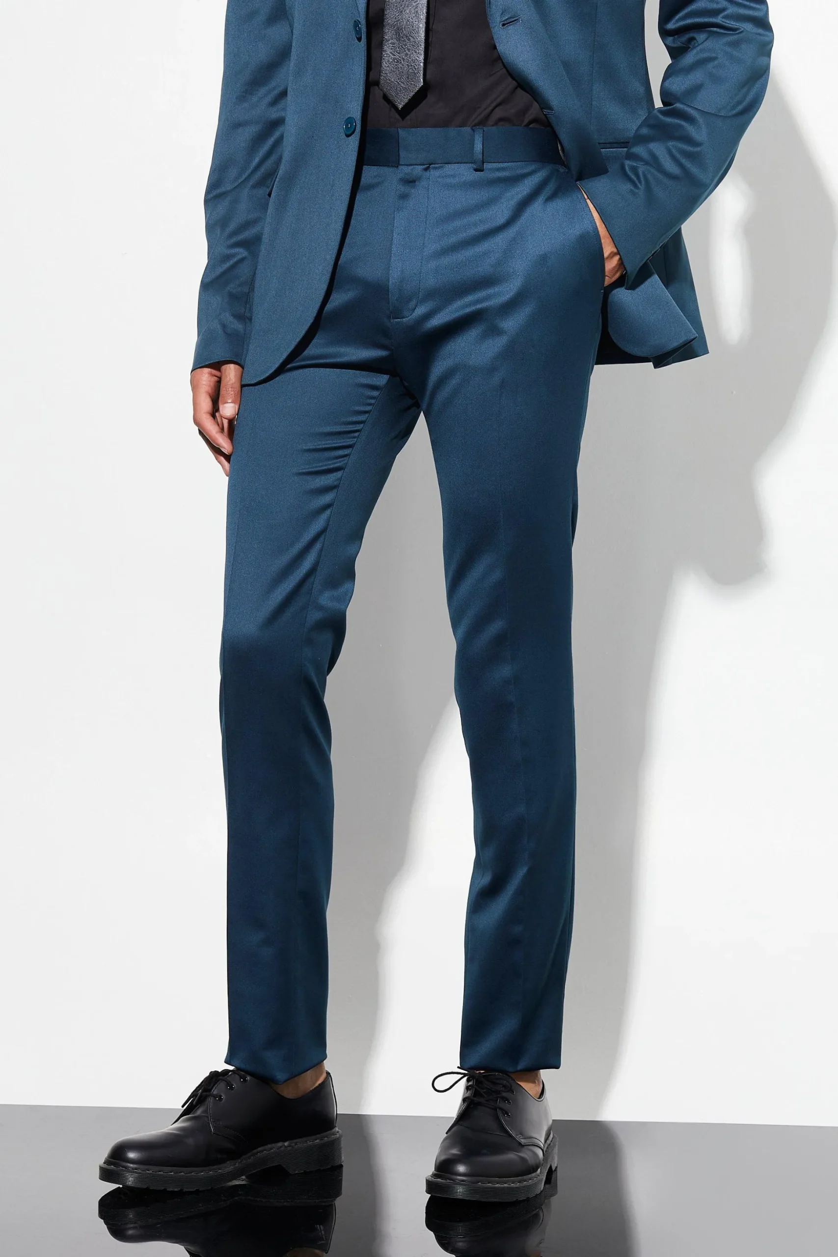 Tall Navy Satin Skinny Fit Suit | BoohooMAN UK