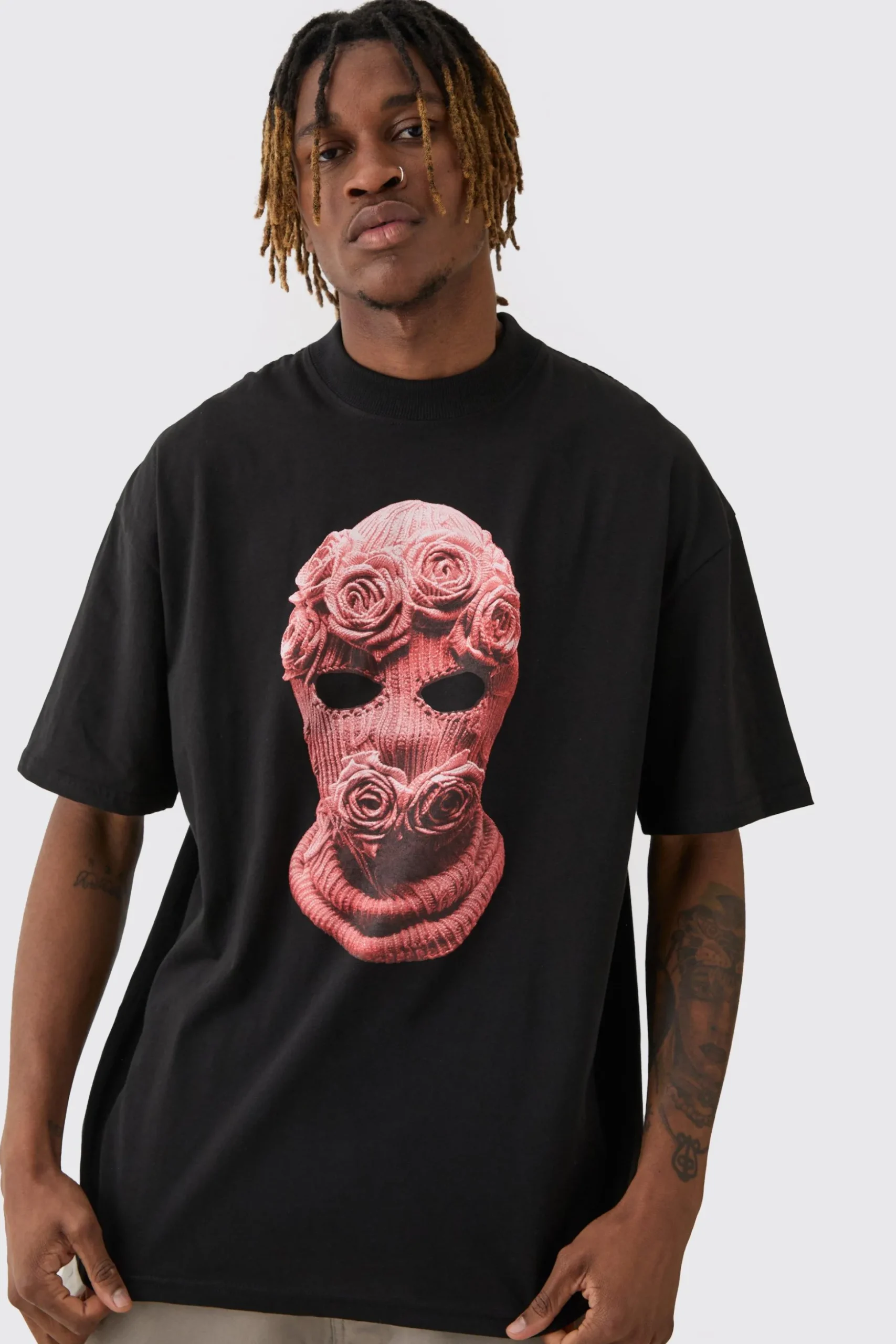 Tall Oversized Balaclava Floral Print T-shirt | BoohooMAN UK