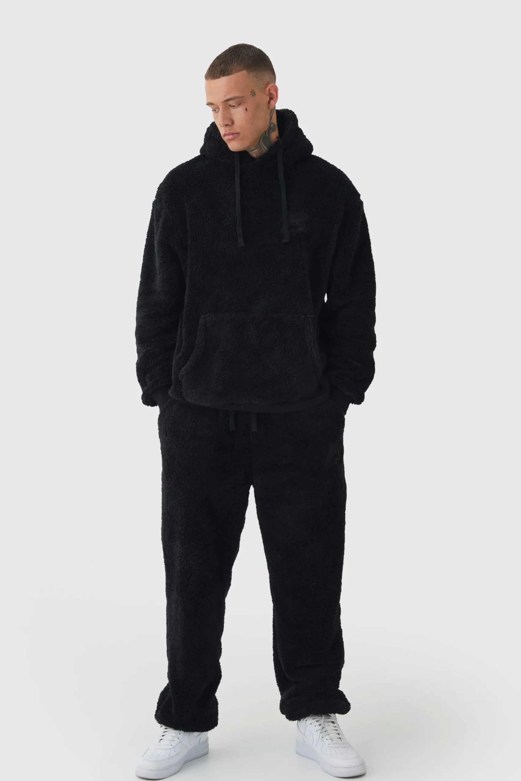 Tall Oversized Borg Embroidered Hooded Tracksuit | BoohooMAN UK