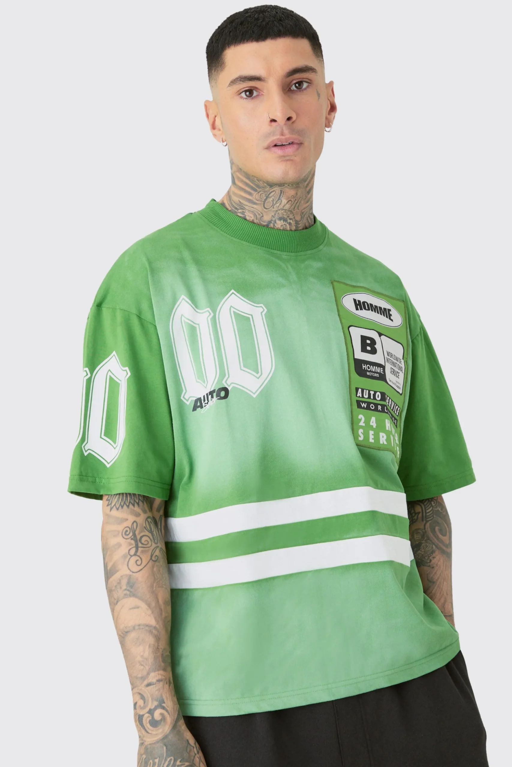 Tall Oversized Boxy Extended Neck Washed Applique Moto T-shirt | BoohooMAN UK