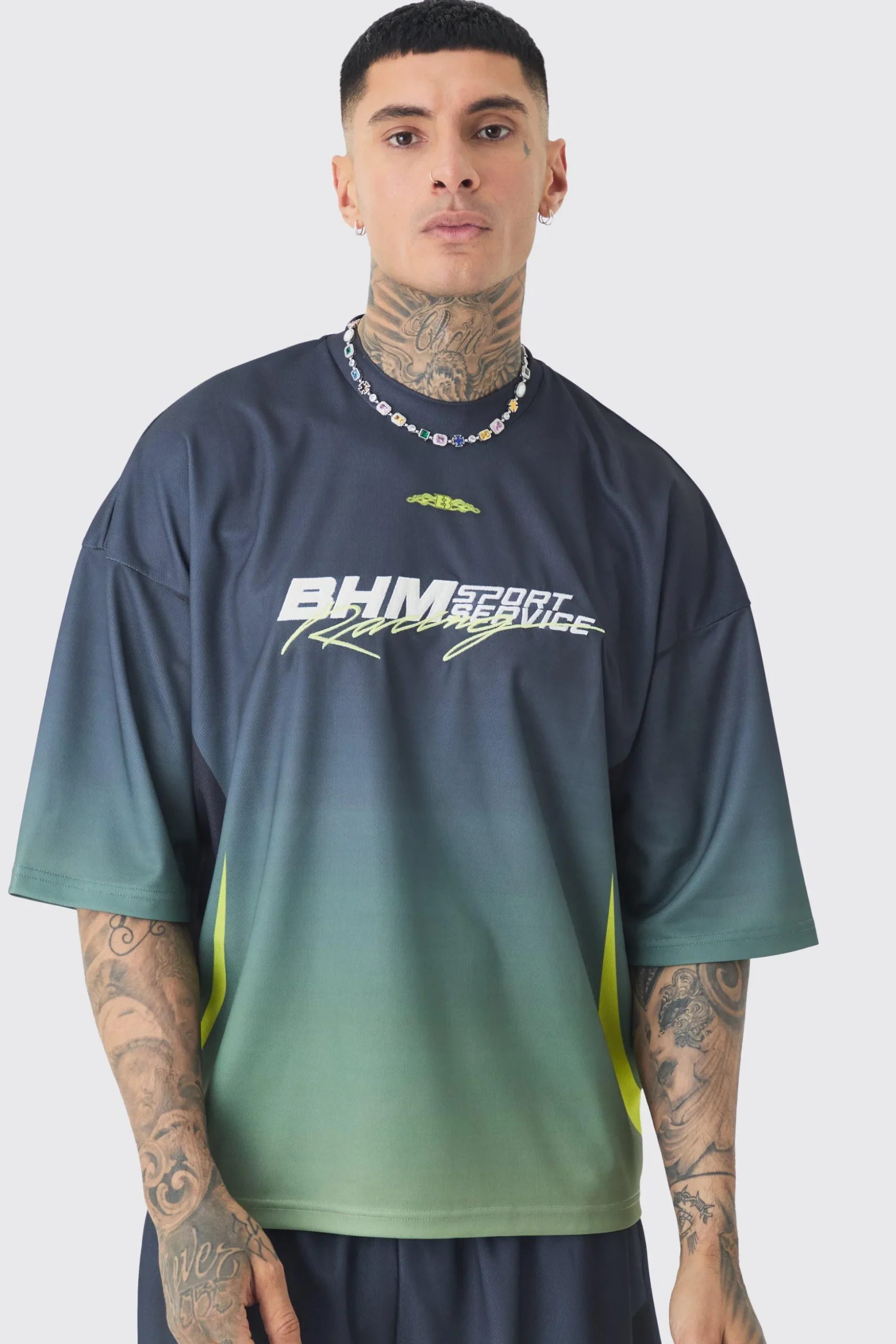Tall Oversized Boxy Mesh Applique Ombre Printed T-shirt | BoohooMAN UK
