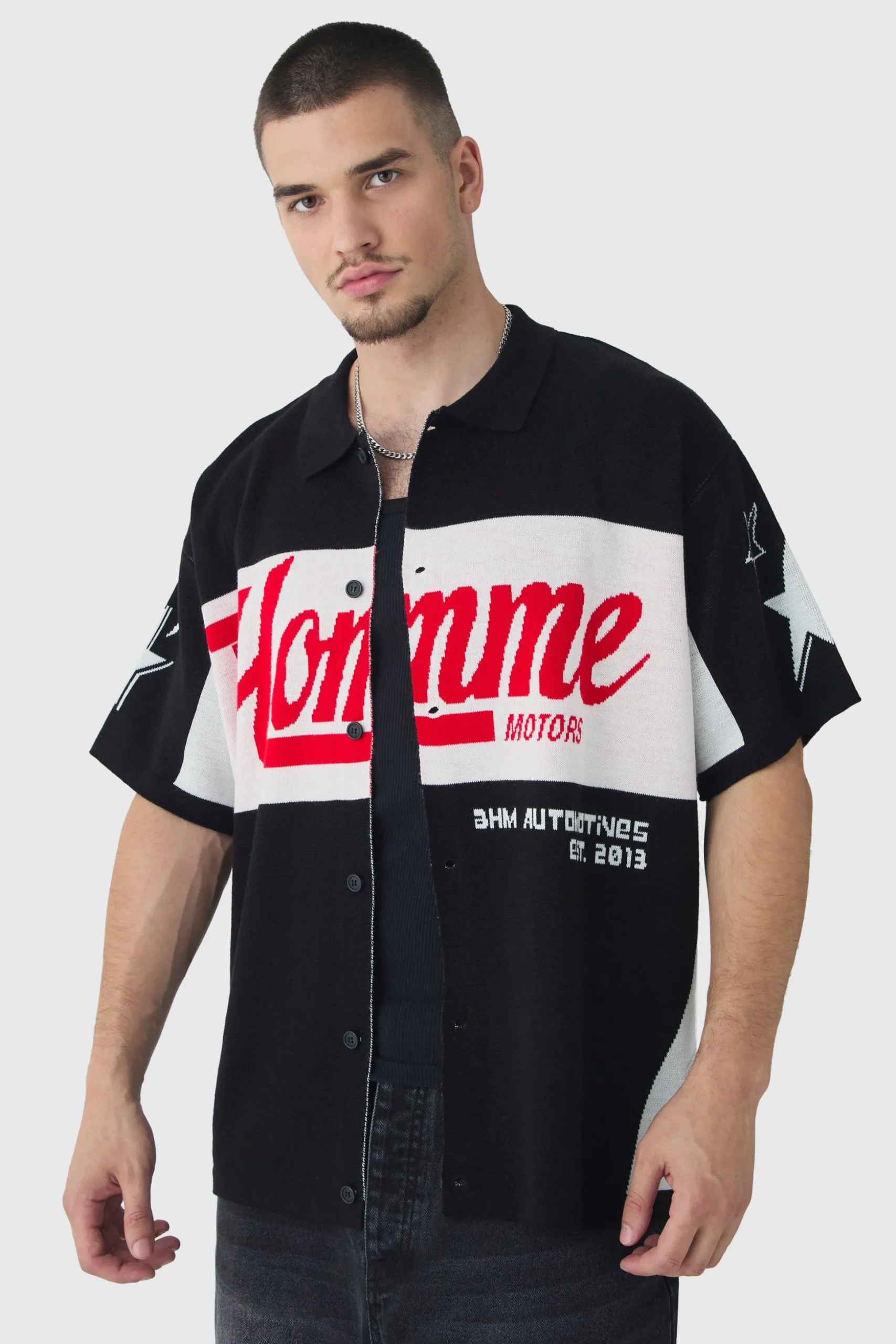 Tall Oversized Boxy Moto Knitted Shirt | BoohooMAN UK