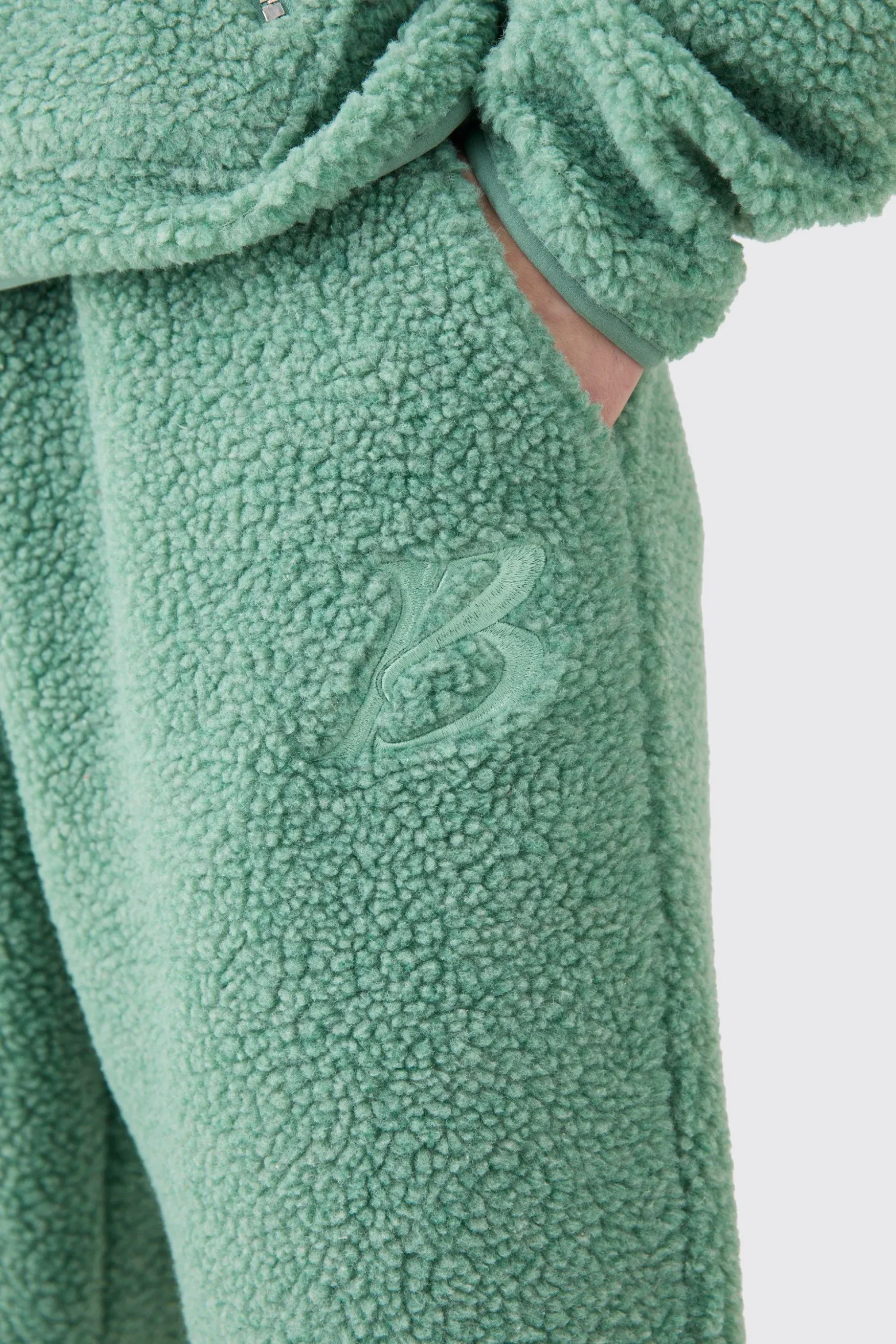 Tall Oversized Boxy Zip Through Borg Embroidered Hooded Tracksuit | BoohooMAN UK