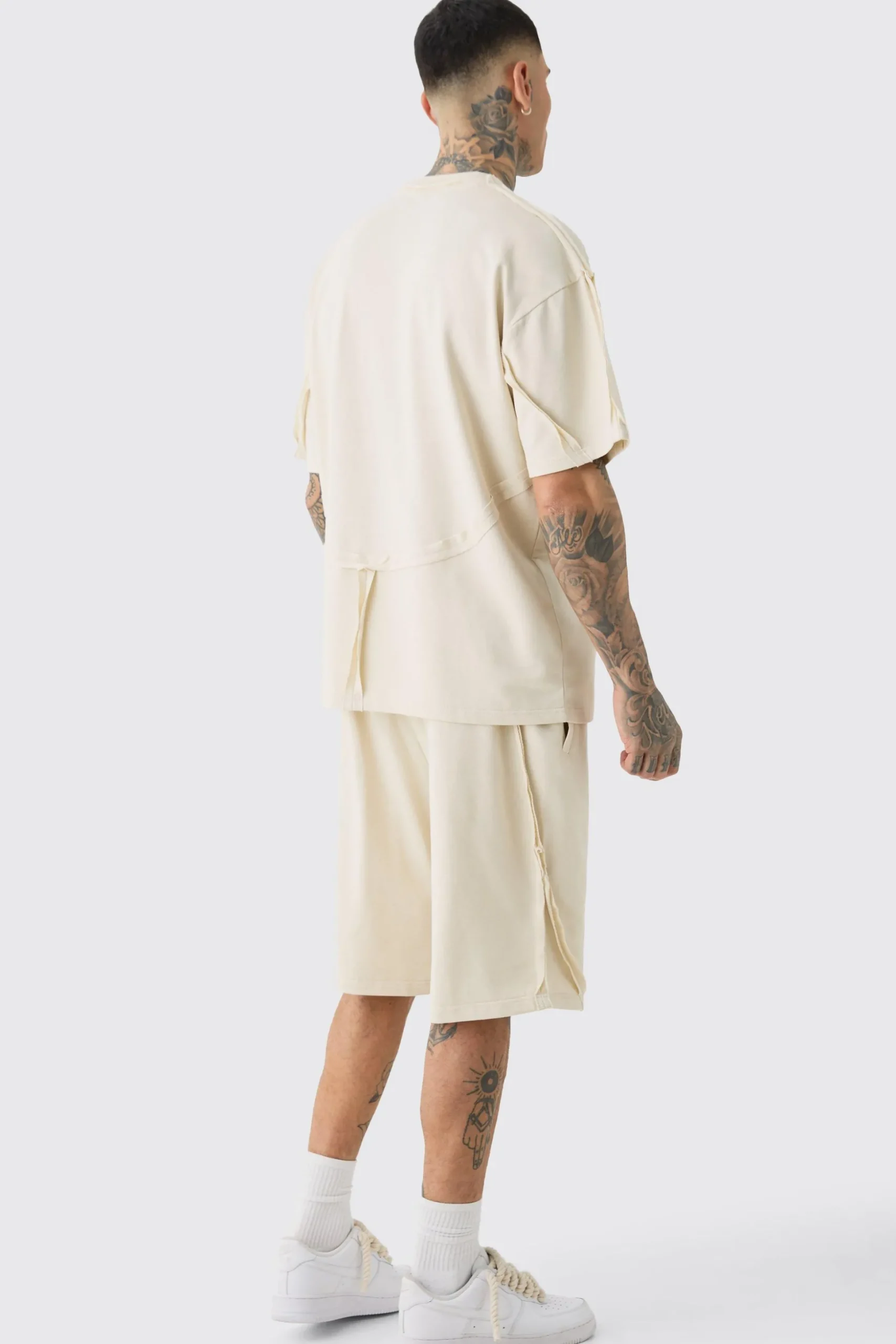 Tall Oversized Extended Neck Distressed Seam T-shirt & Short Set | BoohooMAN UK