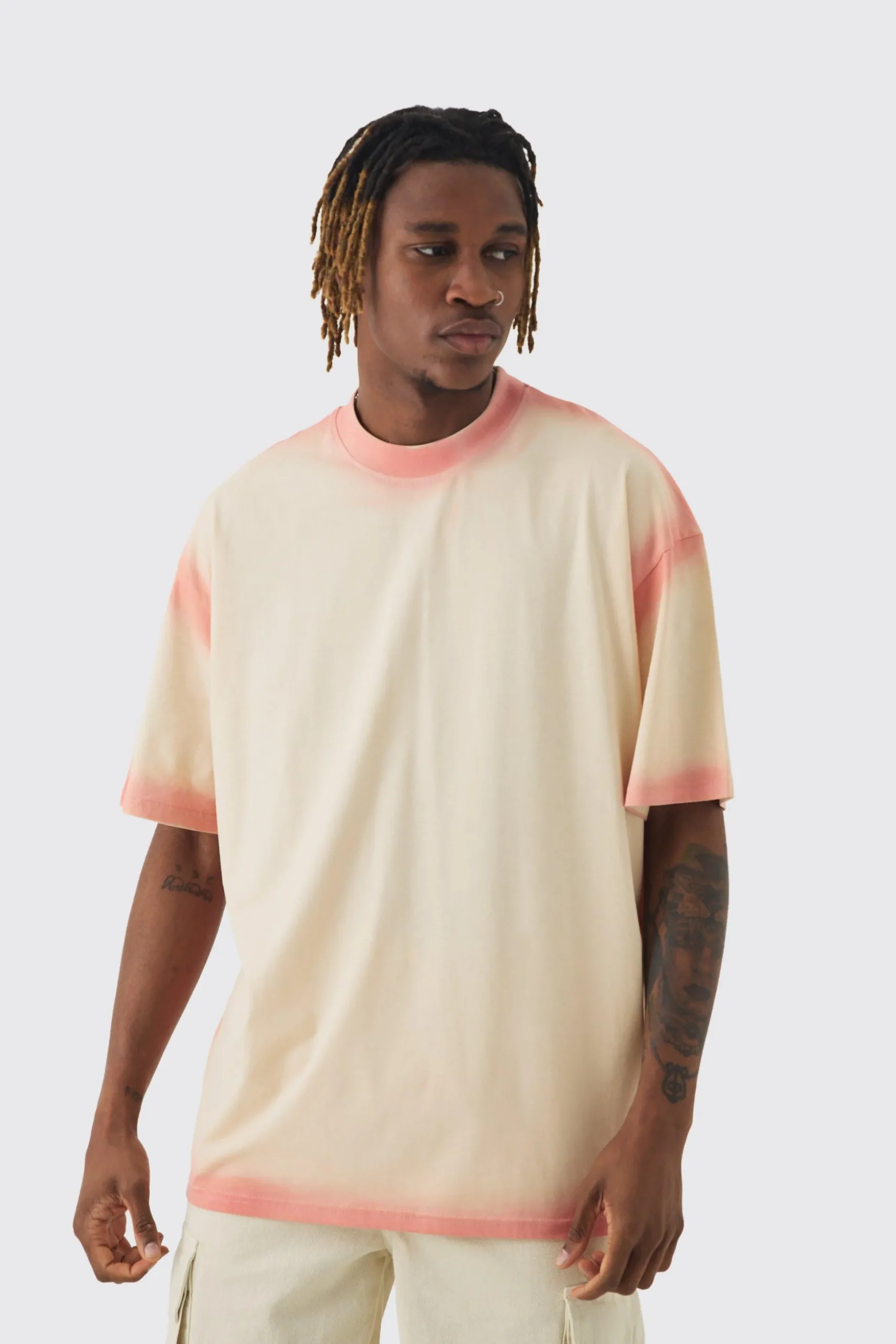 Tall Oversized Extended Neck Spray Wash T-shirt | BoohooMAN UK