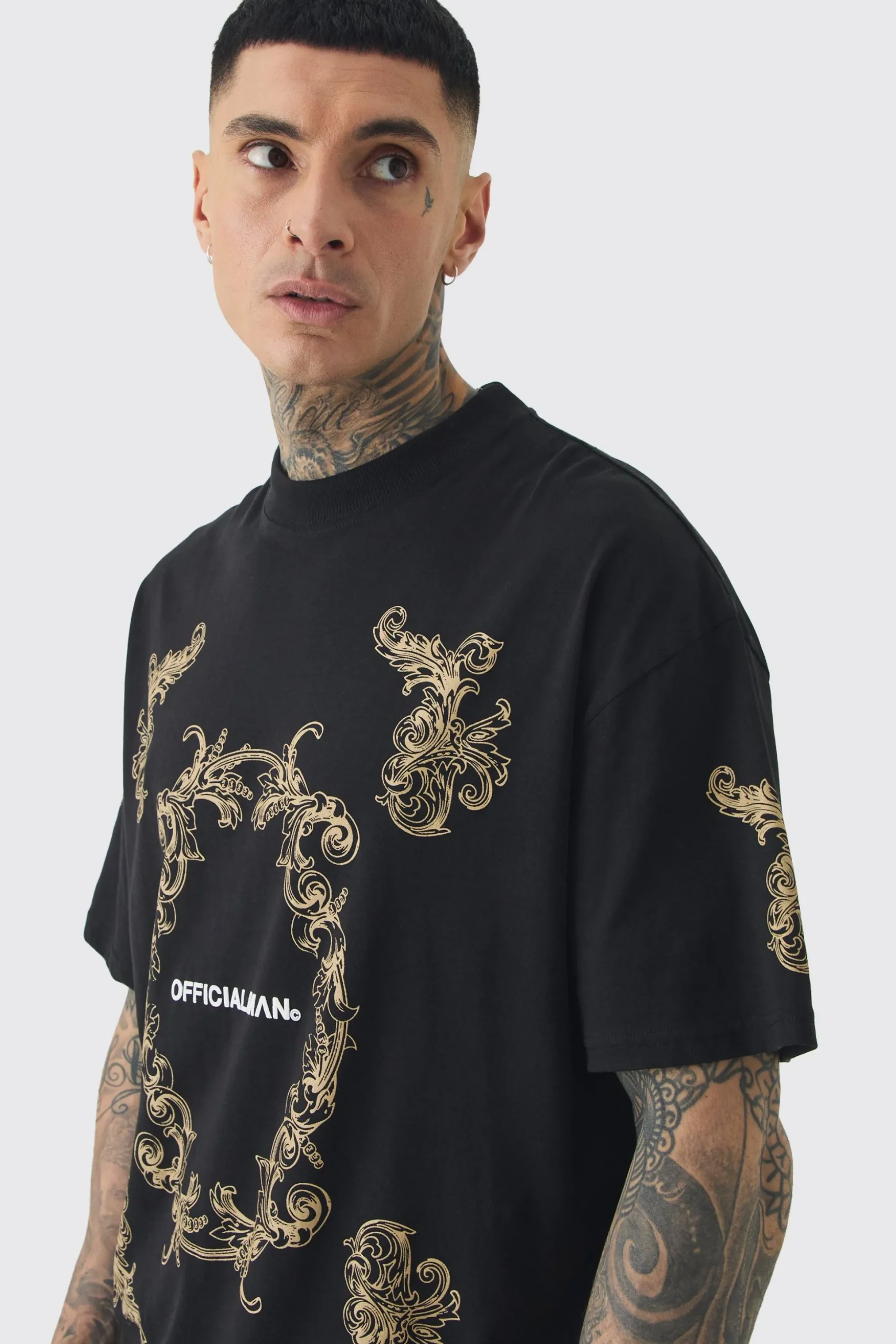 Tall Oversized Extended Neck Official Man Baroque Print T-shirt | BoohooMAN UK