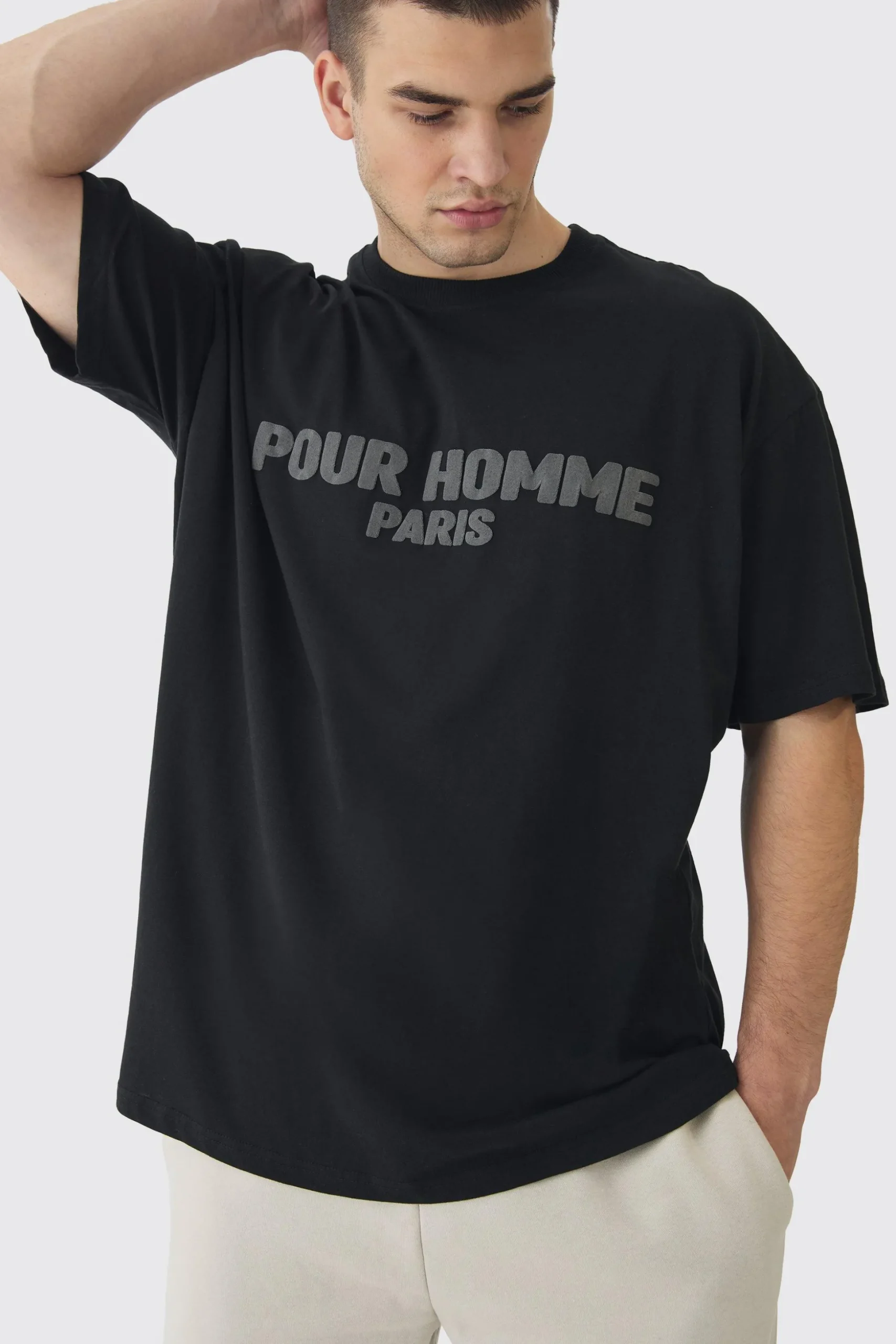 Tall Oversized Extended Neck Pour Homme Puff Print T-Shirt | BoohooMAN UK