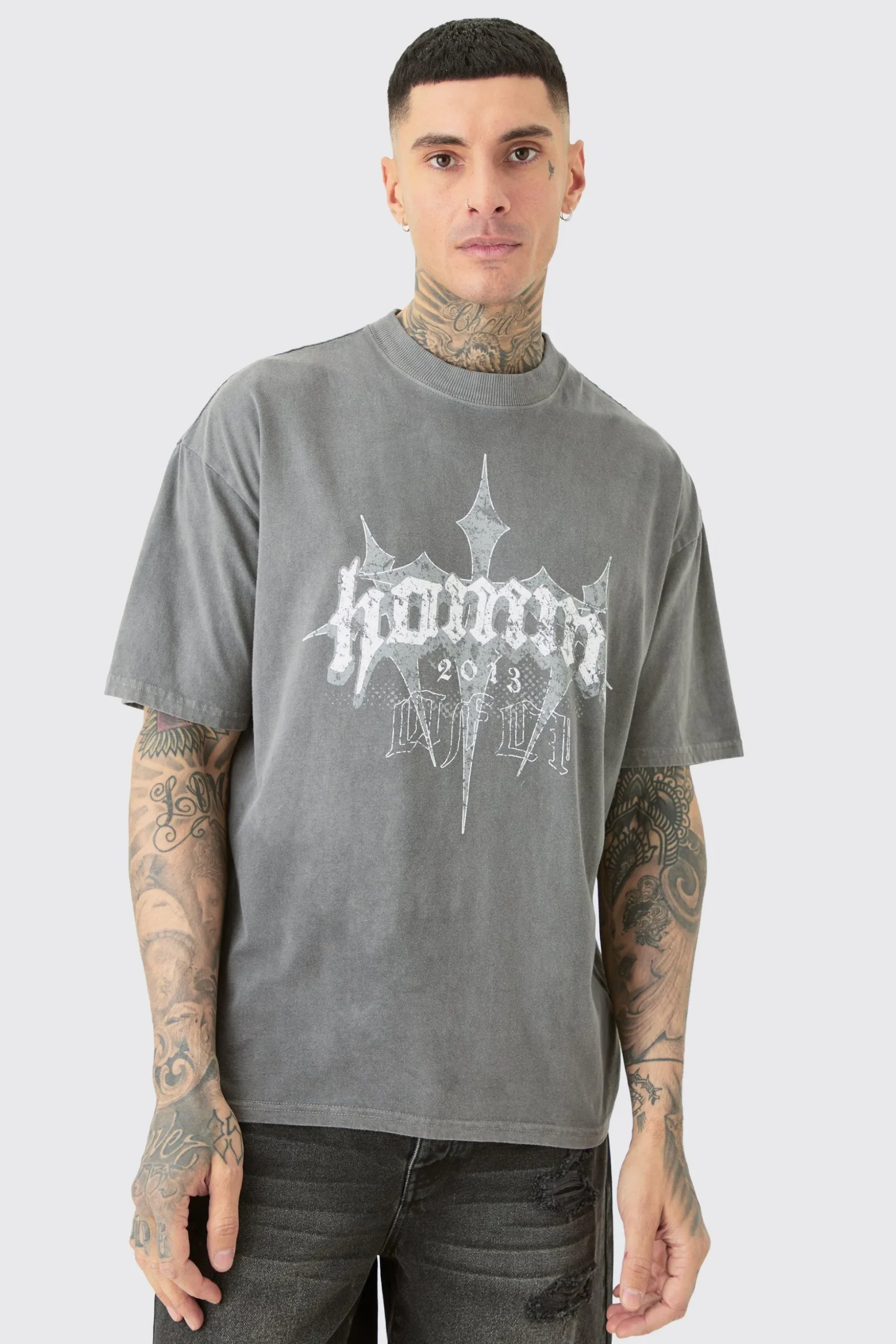 Tall Oversized Homme Cross T-shirt In Grey | BoohooMAN UK