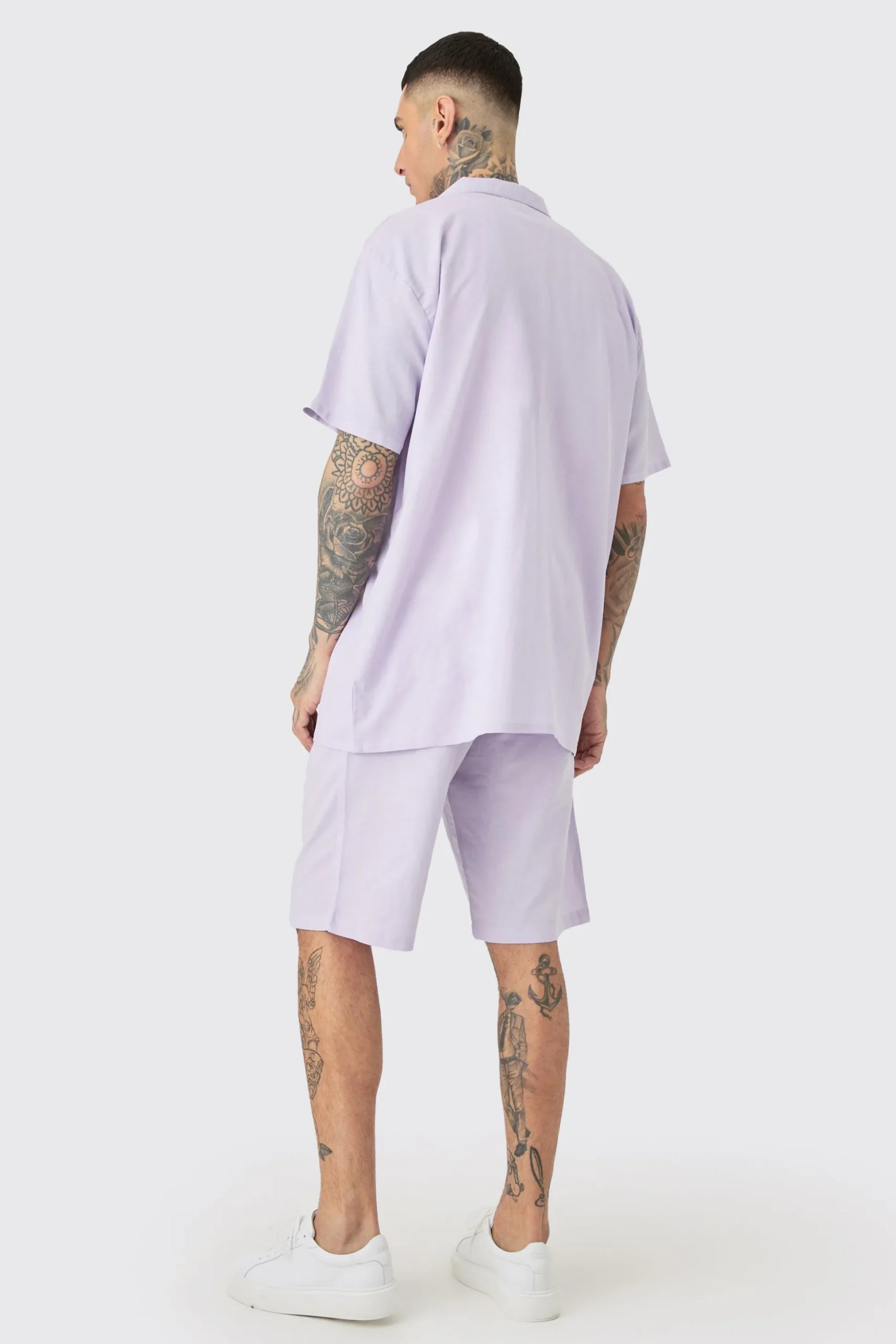 Tall Oversized Linen Drop Revere Shirt & Short Set In Lilac | BoohooMAN UK
