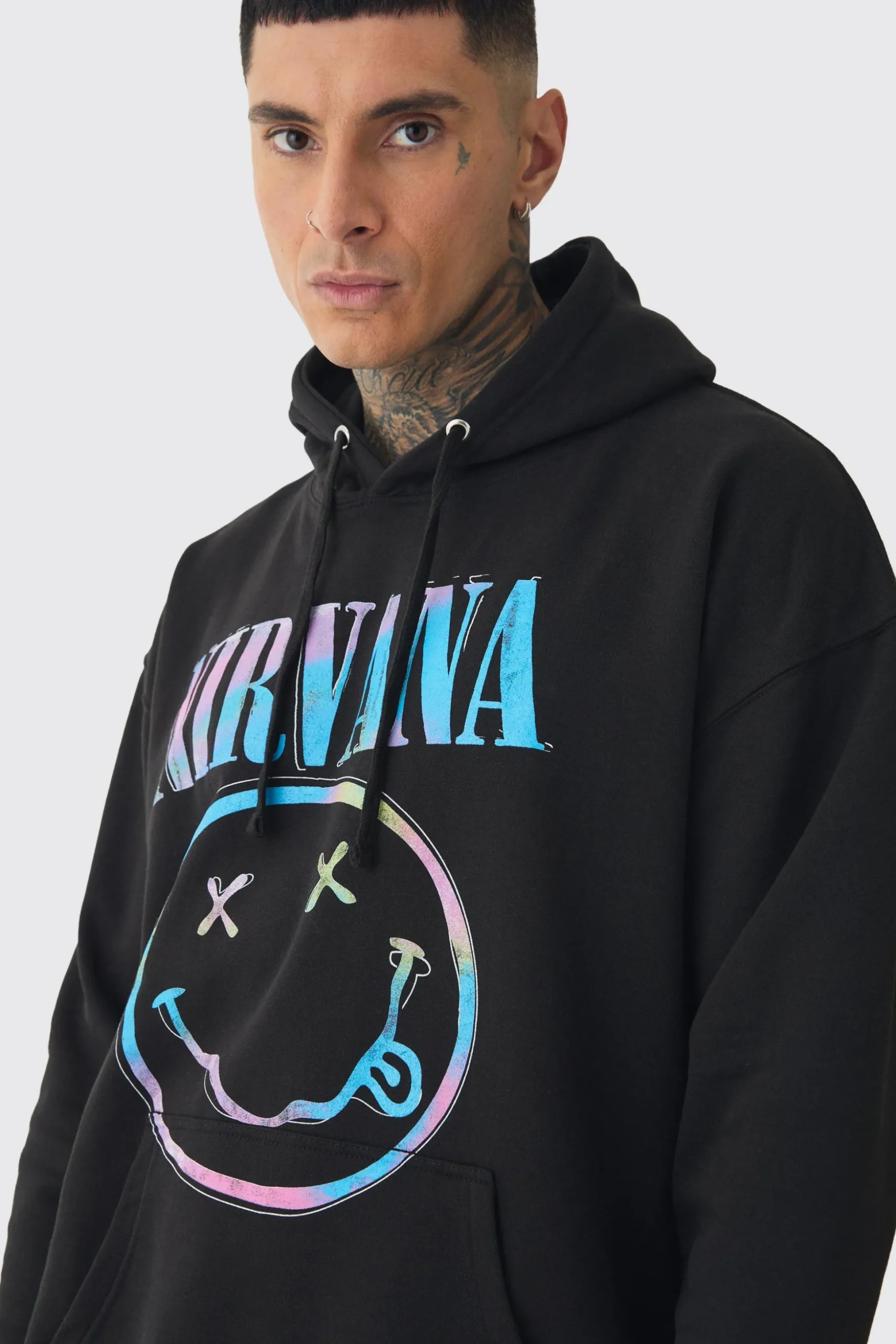 Tall Oversized Nirvana Face License Print Hoodie | BoohooMAN UK