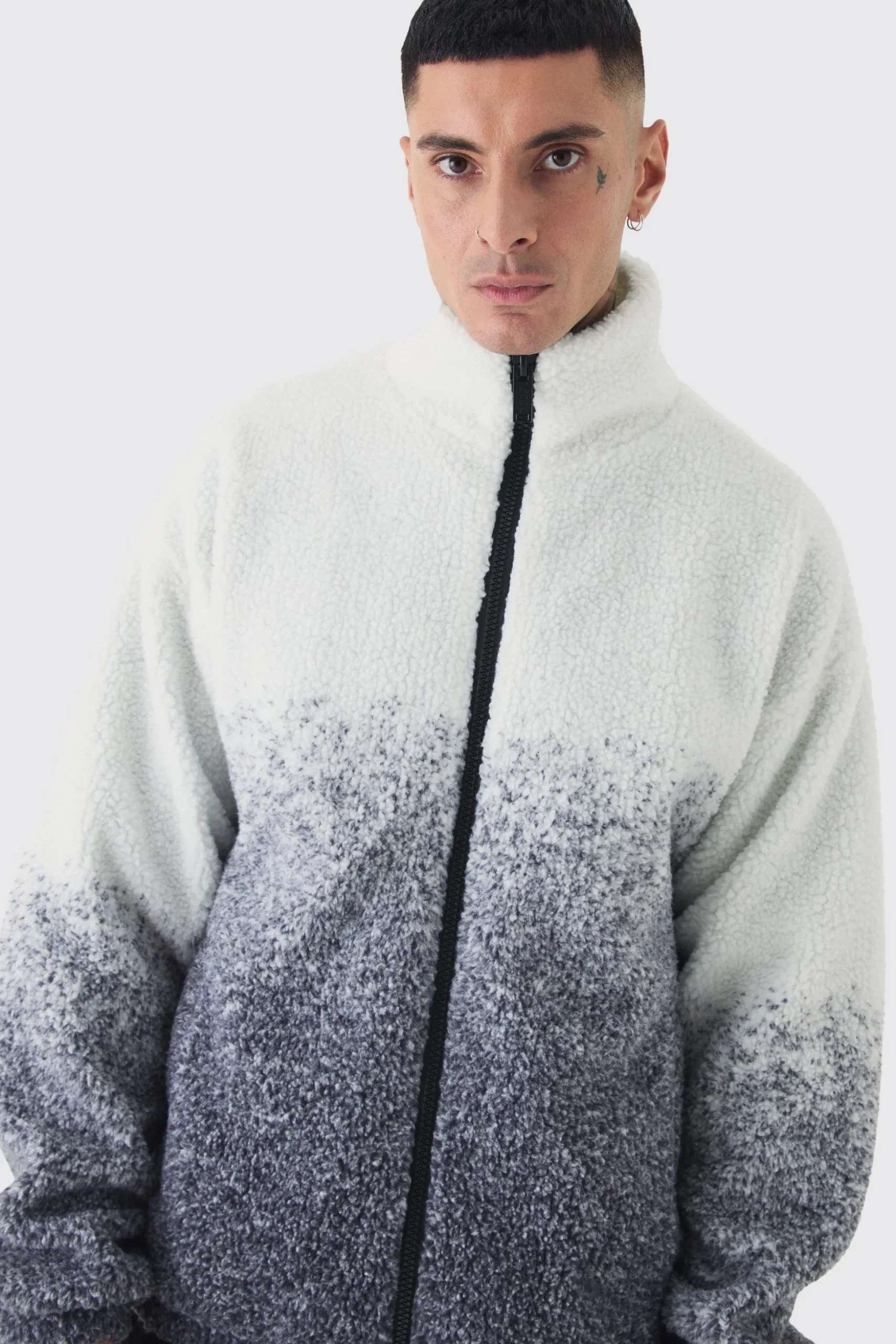 Tall Oversized Ombre Borg Funnel Neck Jacket In Black | BoohooMAN UK