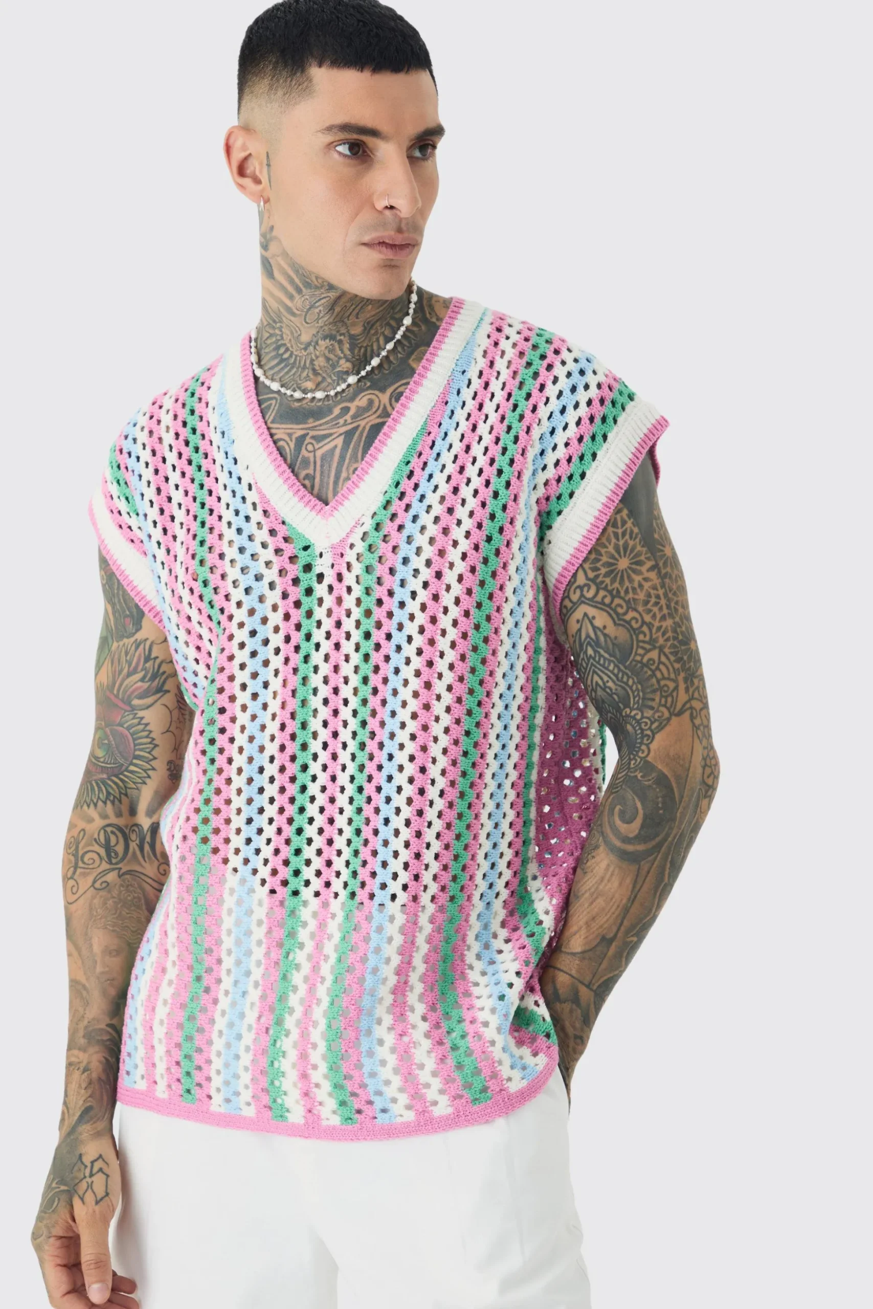 Tall Oversized Open Stitch Crochet Knitted Tank | BoohooMAN UK
