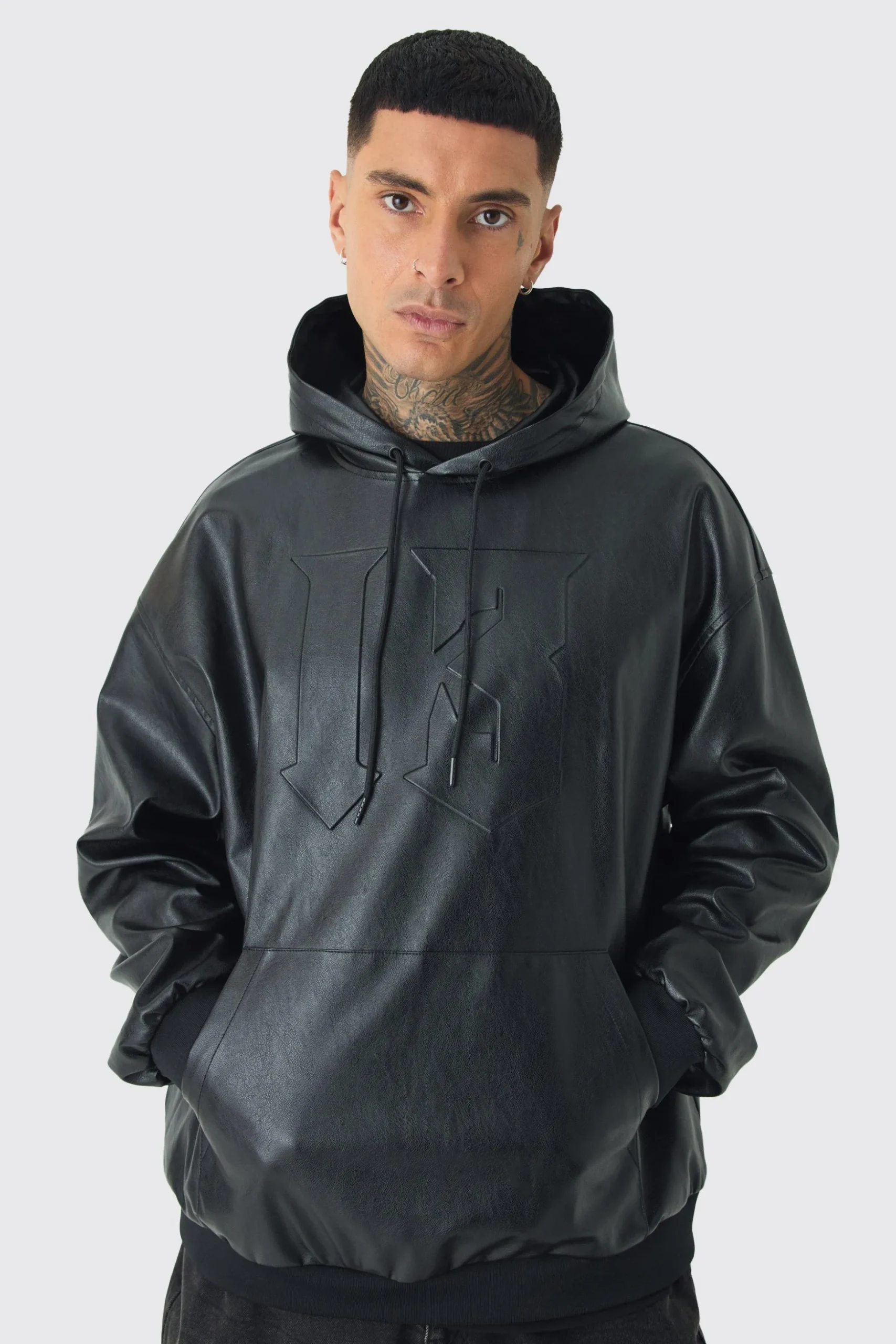 Tall Oversized PU Drop Shoulder Embossed Hoodie | BoohooMAN UK