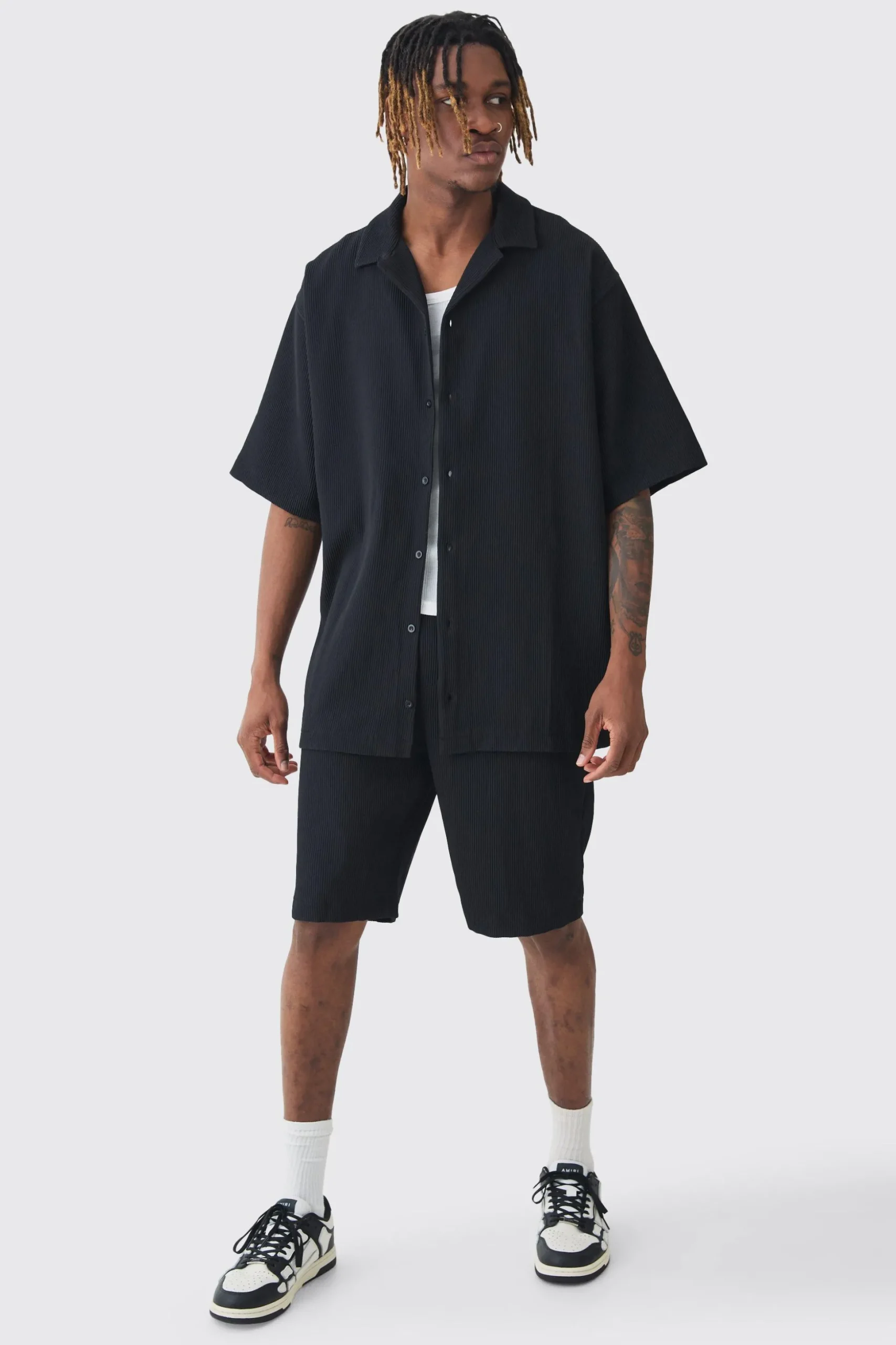 Tall Oversized Short Sleeve Pleated Shirt & Short Set | BoohooMAN UK