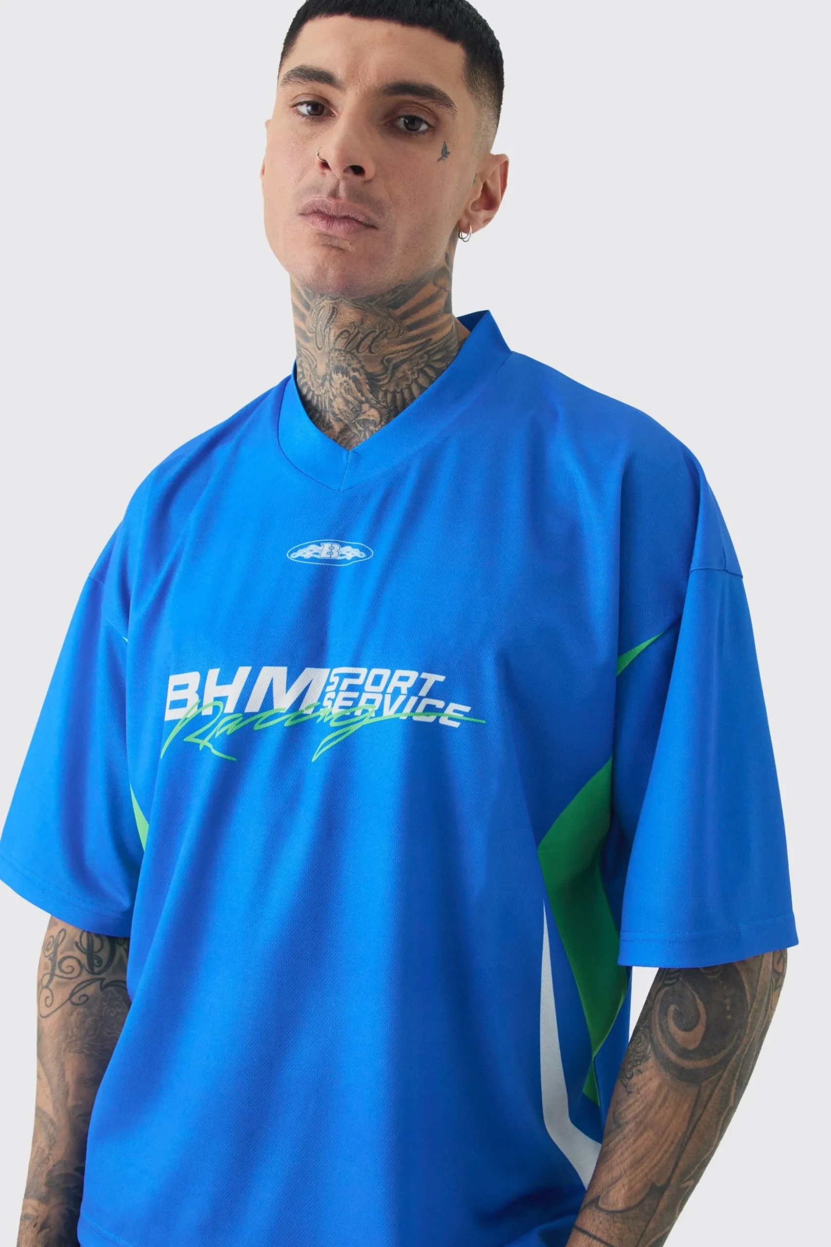Tall Oversized V Neck Mesh Moto Printed T-shirt & Short Set | BoohooMAN UK