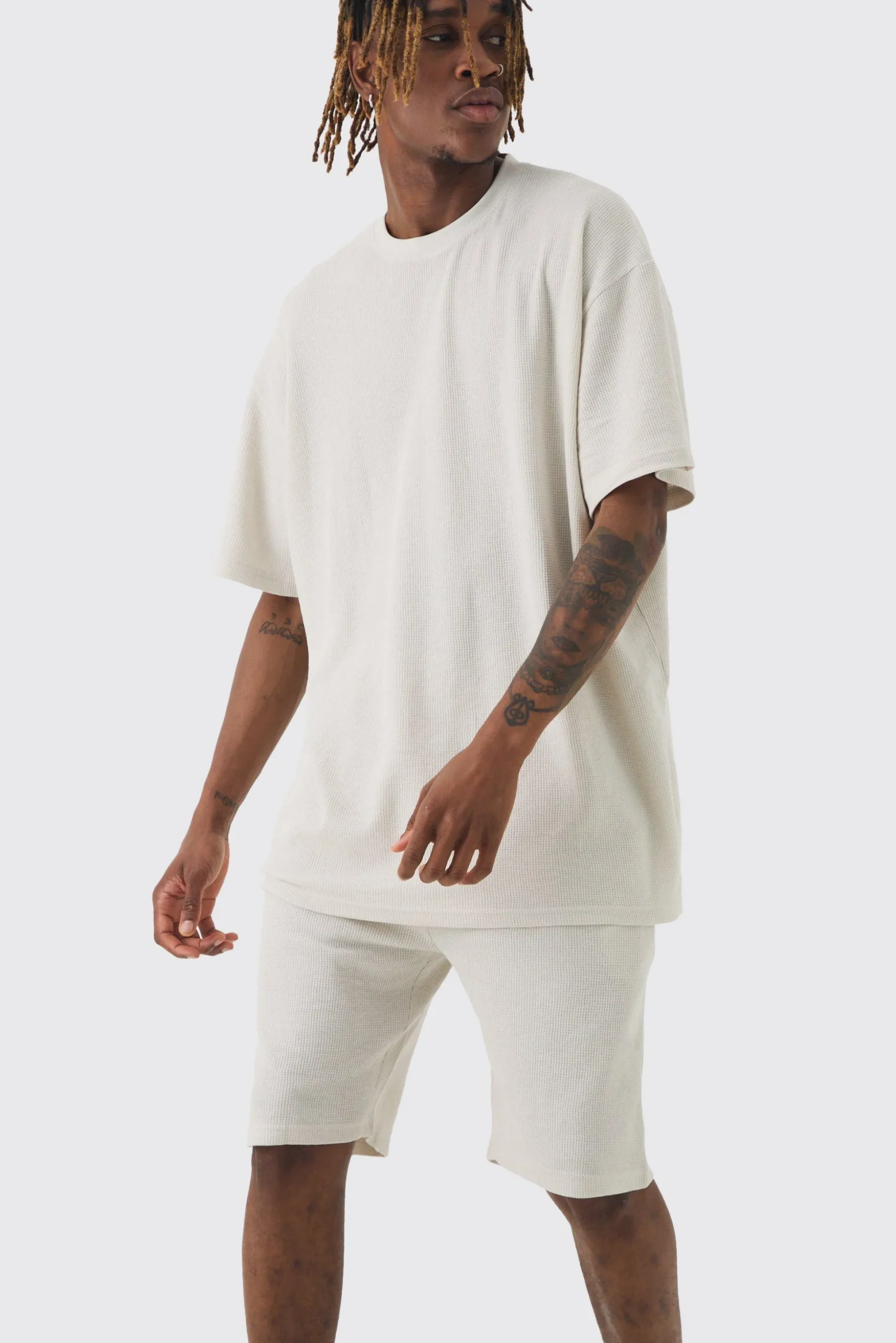 Tall Oversized Waffle Lounge Short Set In Grey | BoohooMAN UK