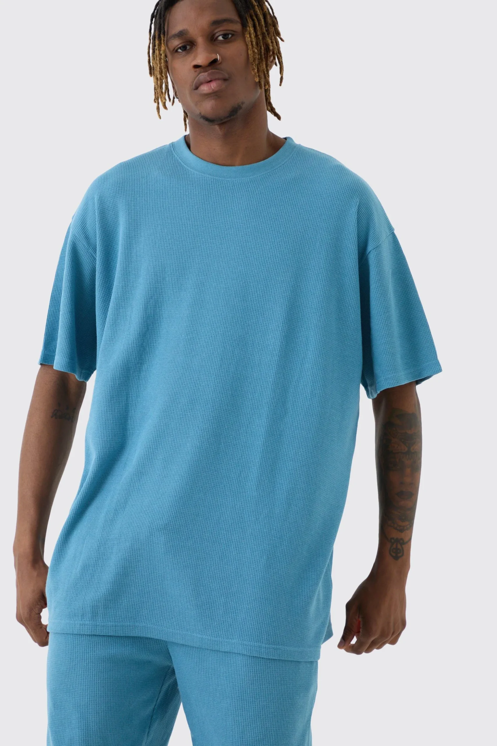 Tall Oversized Waffle Lounge Short Set In Blue | BoohooMAN UK